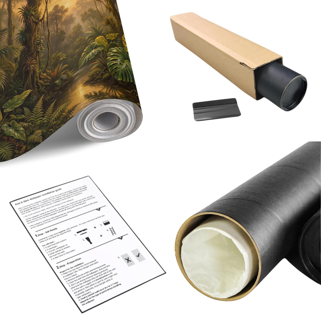 Tropical Rainforest Jungle River at Sunset Peel and Stick Wall Mural, Monstera Botanical Landscape Nature Wallpaper