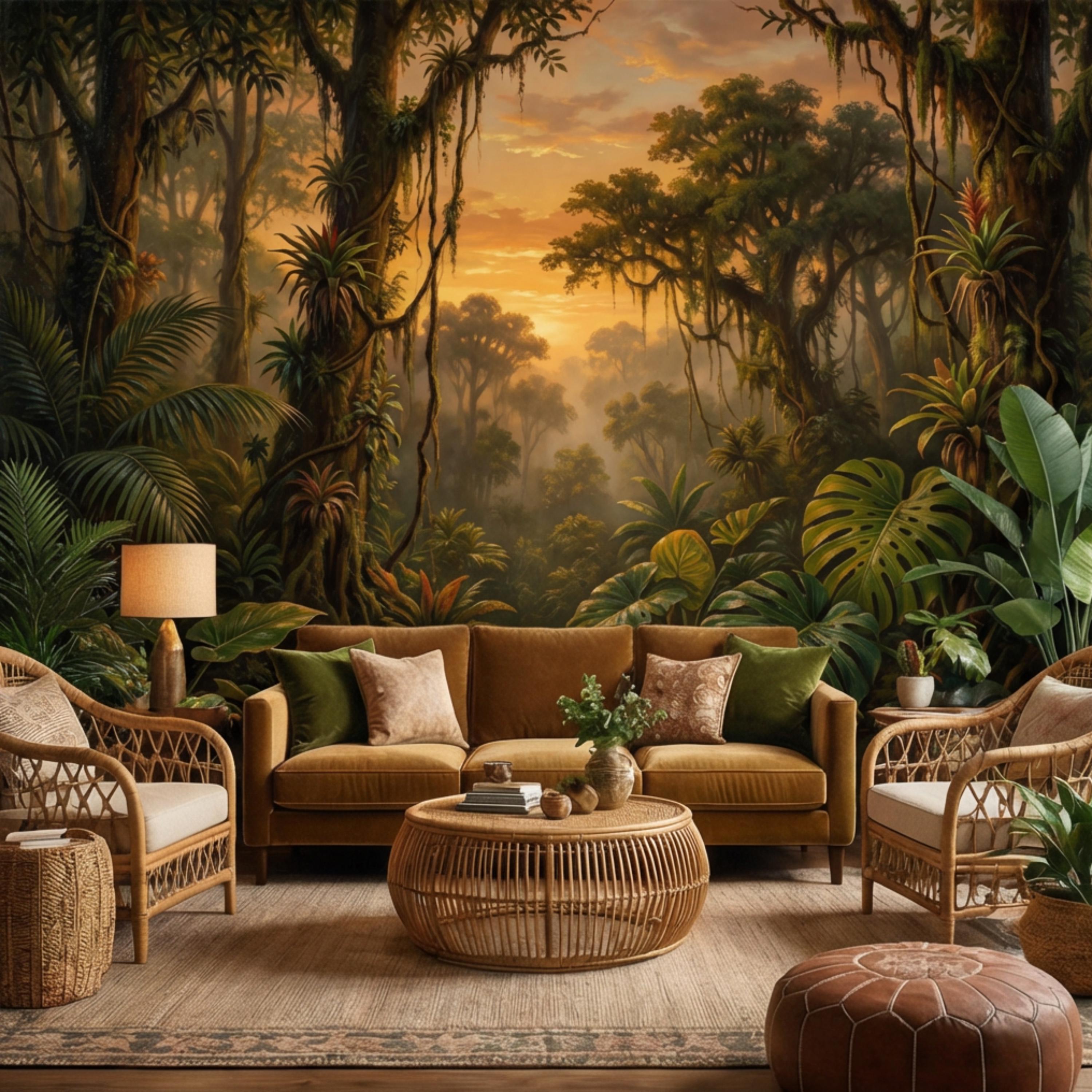 Tropical Rainforest Jungle River at Sunset Peel and Stick Wall Mural, Monstera Botanical Landscape Nature Wallpaper