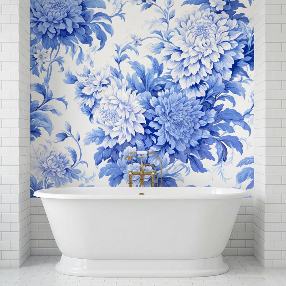 Blue and white floral wall mural covering the bath wall with peony blooms and stems
