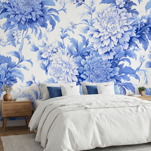 Blue and white floral wall mural with dense peony blossoms and leaf branches