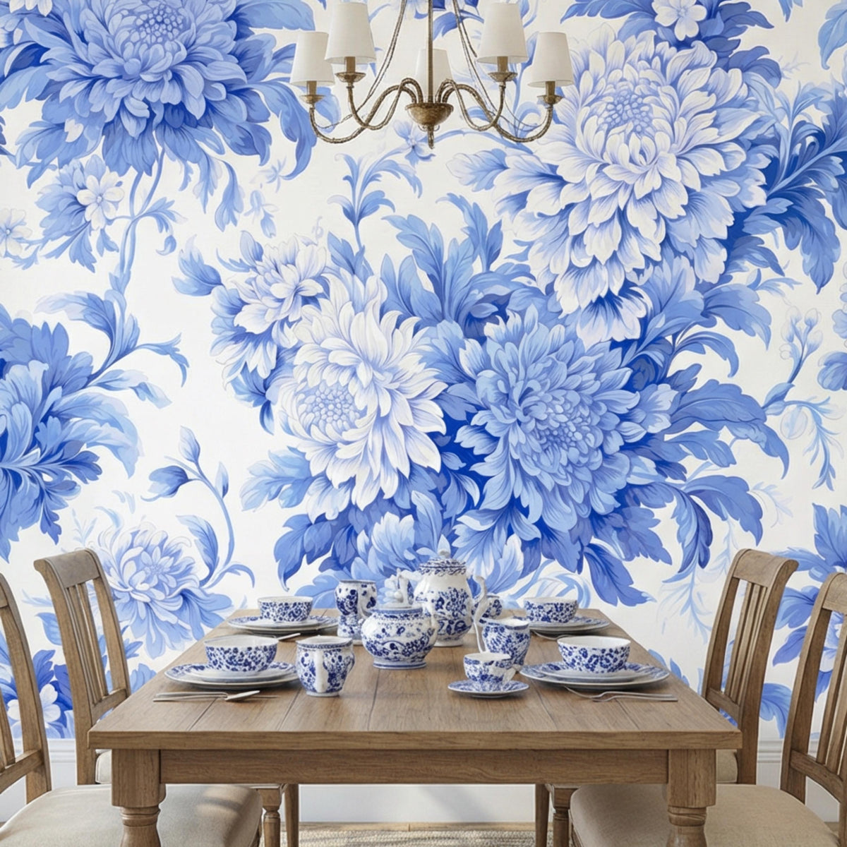 Blue and white floral wall mural with large chrysanthemum blooms and curling vines