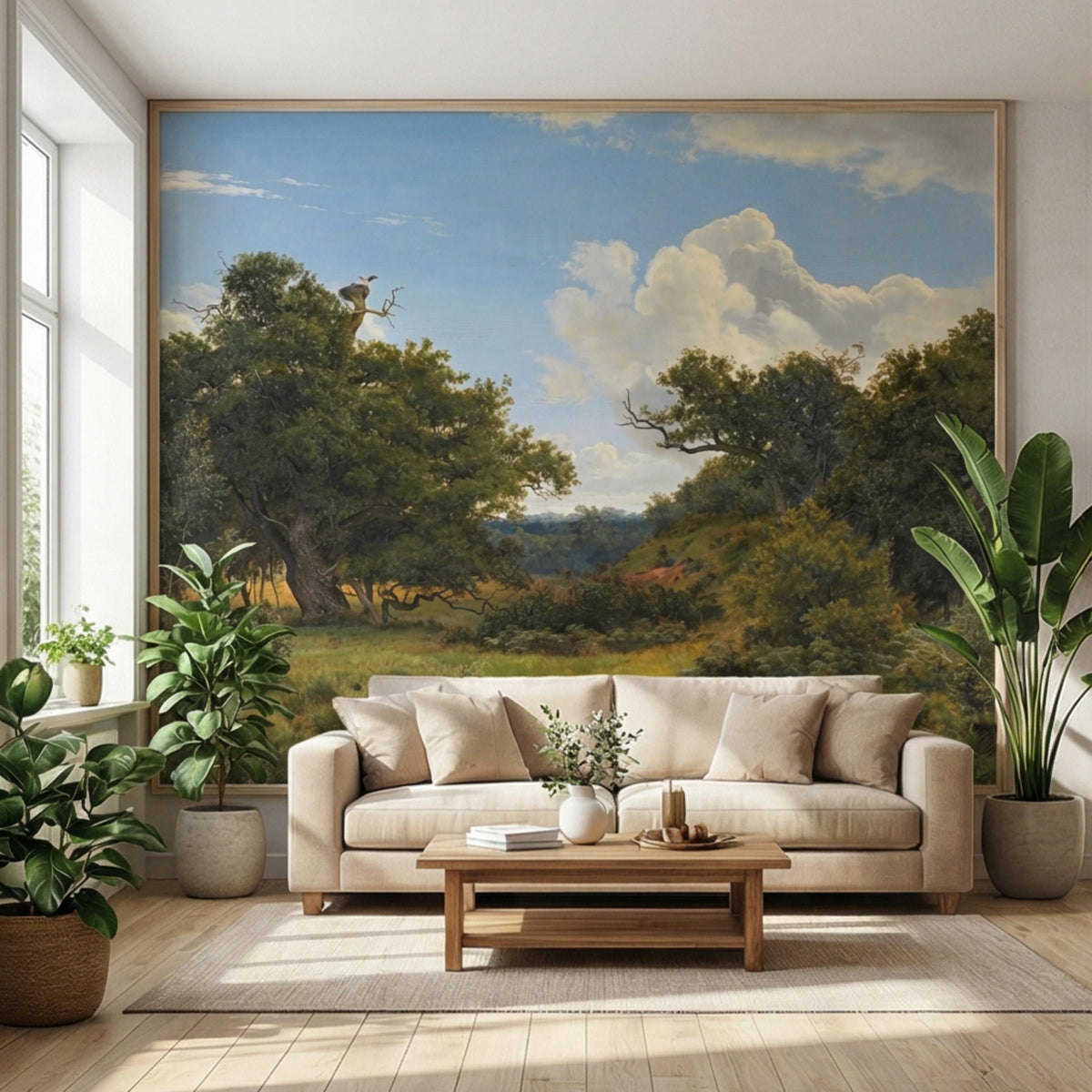 Wide scenic forest landscape wall mural with trees, grassy meadow, and partly cloudy sky