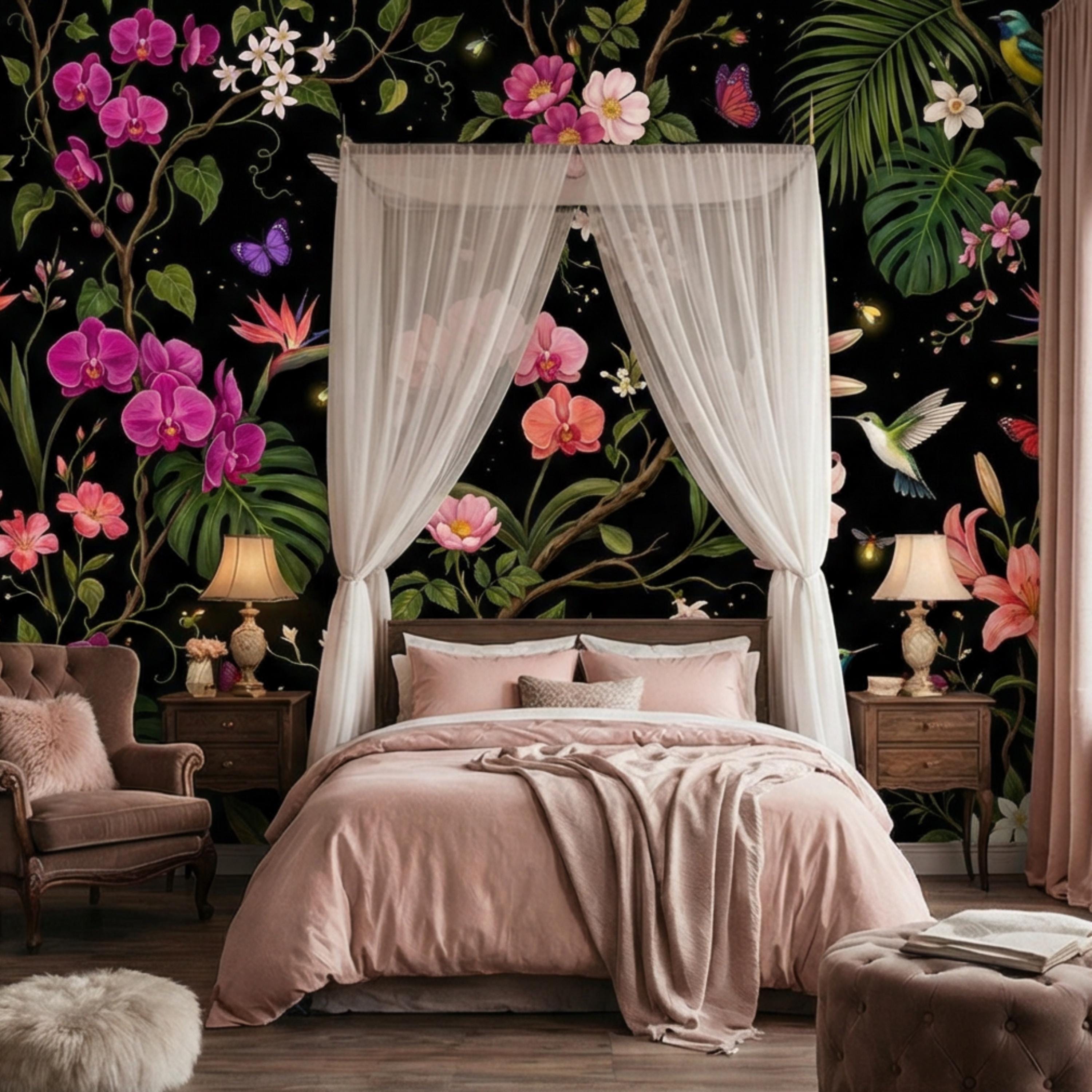 Orchids & Monstera Black Tropical Floral Night Garden Peel and Stick Wall Mural, Hummingbirds Butterflies Botanical Wallpaper