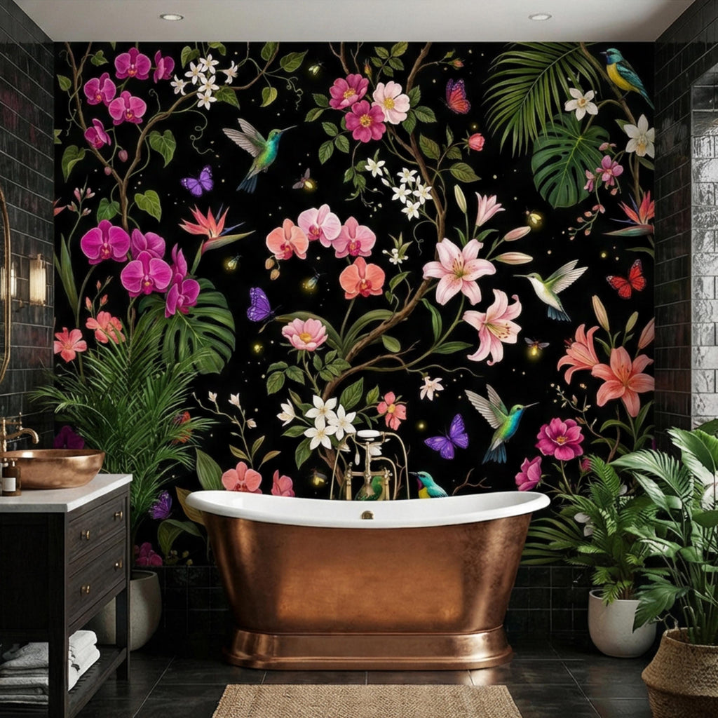 Orchids & Monstera Black Tropical Floral Night Garden Peel and Stick Wall Mural, Hummingbirds Butterflies Botanical Wallpaper