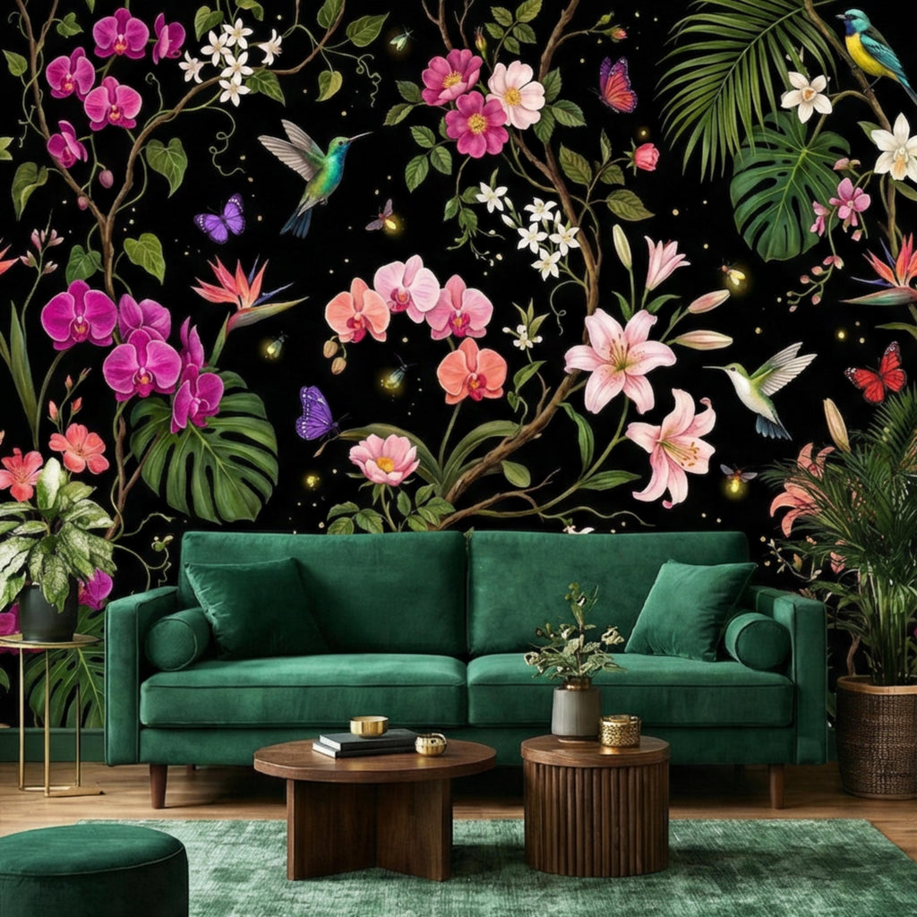 Orchids & Monstera Black Tropical Floral Night Garden Peel and Stick Wall Mural, Hummingbirds Butterflies Botanical Wallpaper