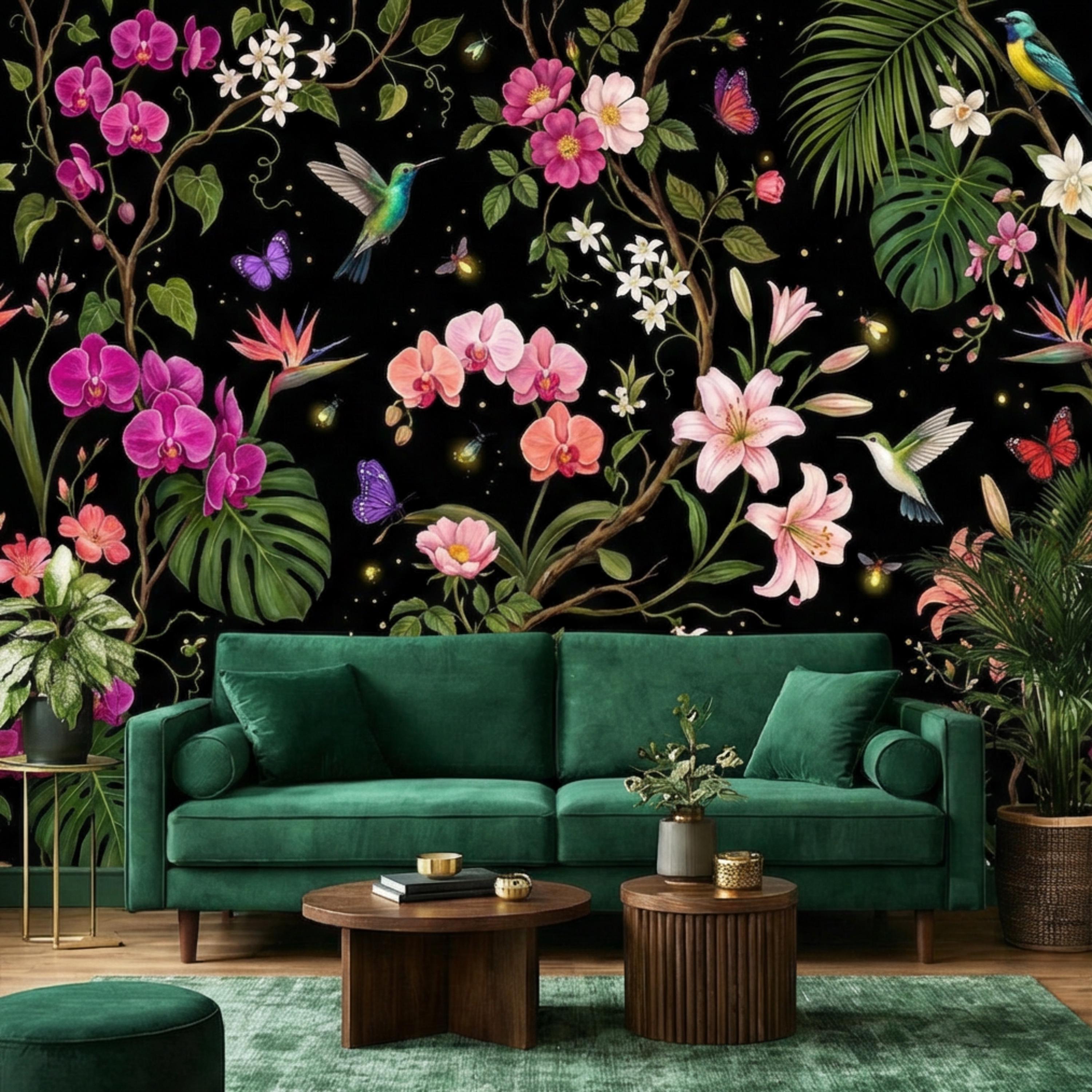 Orchids & Monstera Black Tropical Floral Night Garden Peel and Stick Wall Mural, Hummingbirds Butterflies Botanical Wallpaper