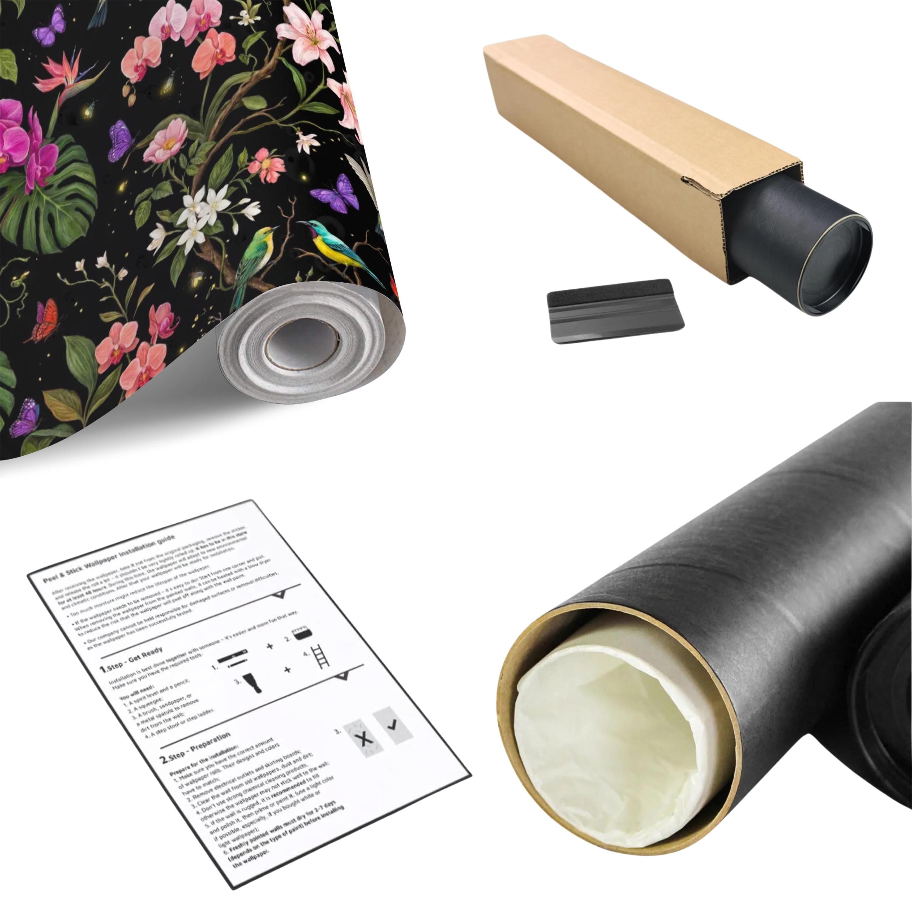 Orchids & Monstera Black Tropical Floral Night Garden Peel and Stick Wall Mural, Hummingbirds Butterflies Botanical Wallpaper