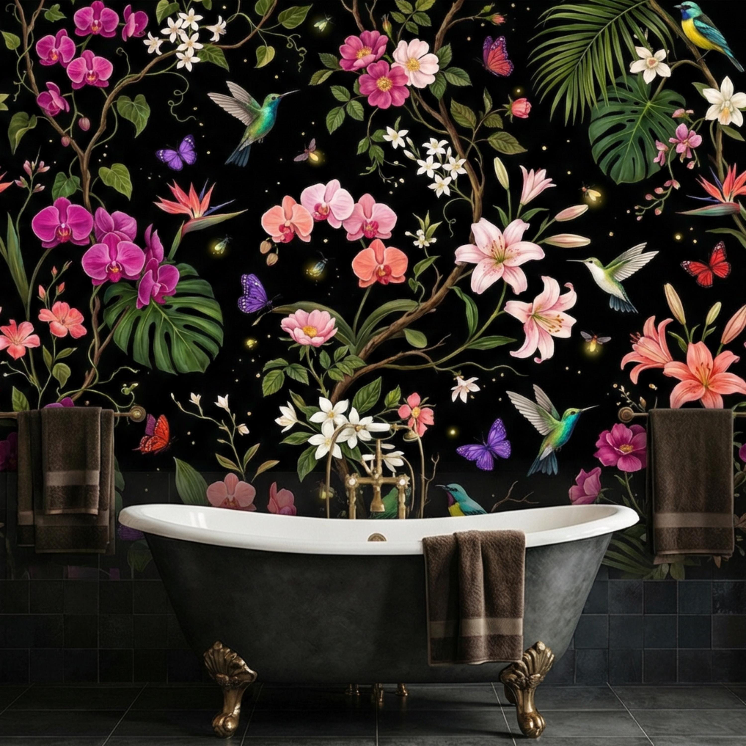 Orchids & Monstera Black Tropical Floral Night Garden Peel and Stick Wall Mural, Hummingbirds Butterflies Botanical Wallpaper