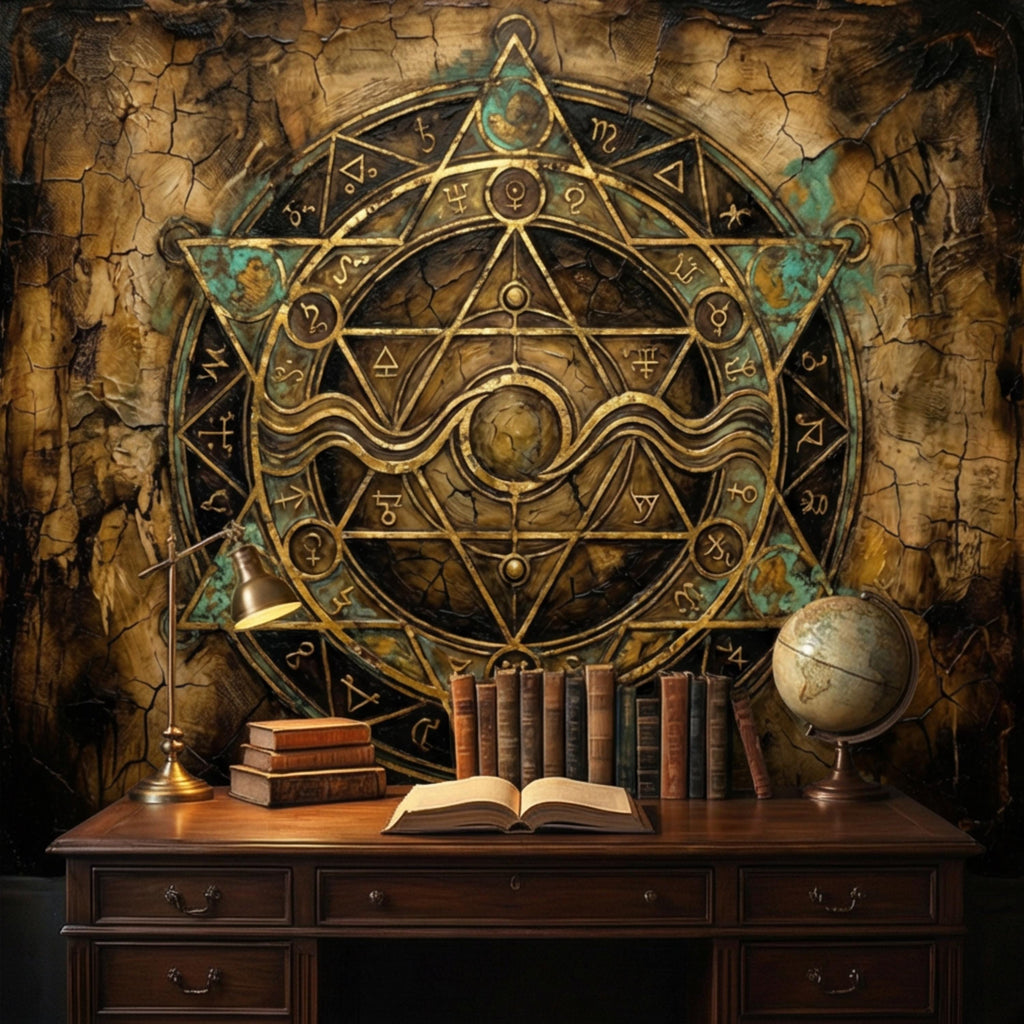 Alchemy Zodiac Sigil Peel and Stick Wall Mural, Vintage Occult Celestial Gold Teal Grunge, Gothic Witchy Wallpaper