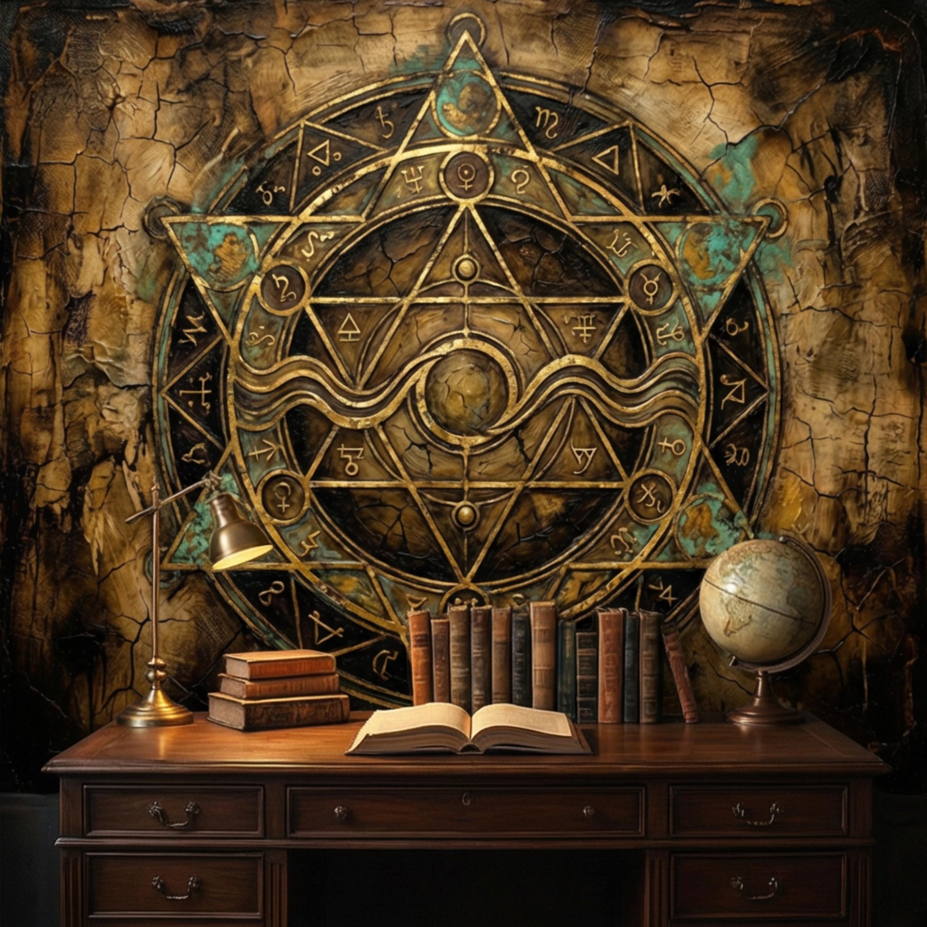 Alchemy Zodiac Sigil Peel and Stick Wall Mural, Vintage Occult Celestial Gold Teal Grunge, Gothic Witchy Wallpaper