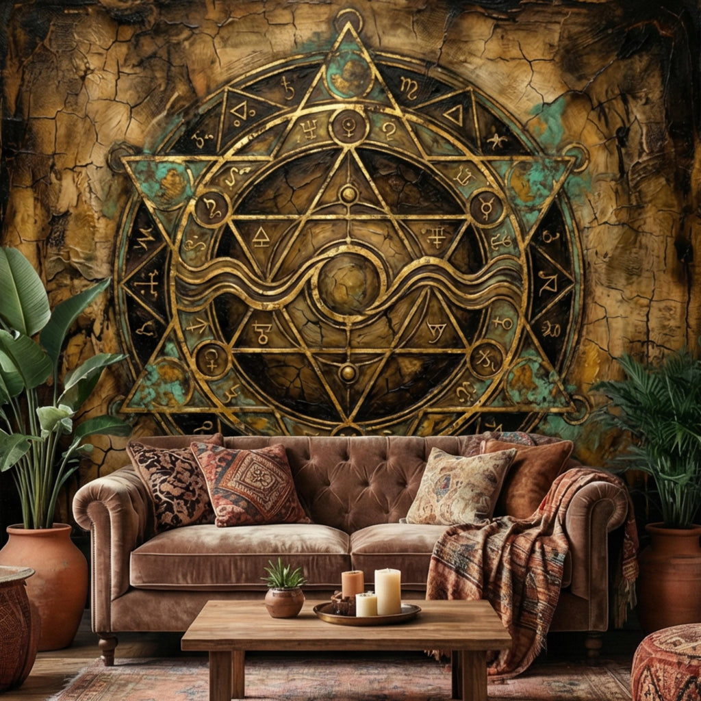 Alchemy Zodiac Sigil Peel and Stick Wall Mural, Vintage Occult Celestial Gold Teal Grunge, Gothic Witchy Wallpaper