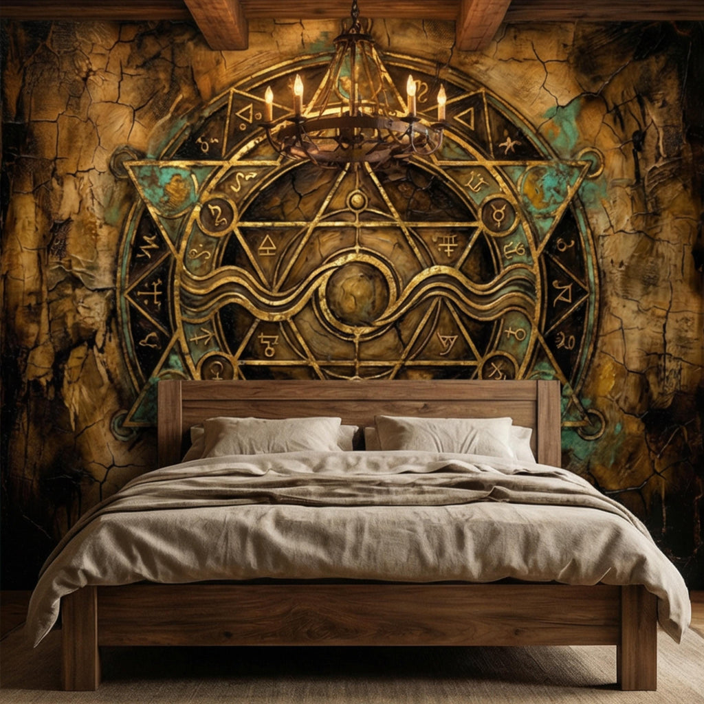 Alchemy Zodiac Sigil Peel and Stick Wall Mural, Vintage Occult Celestial Gold Teal Grunge, Gothic Witchy Wallpaper