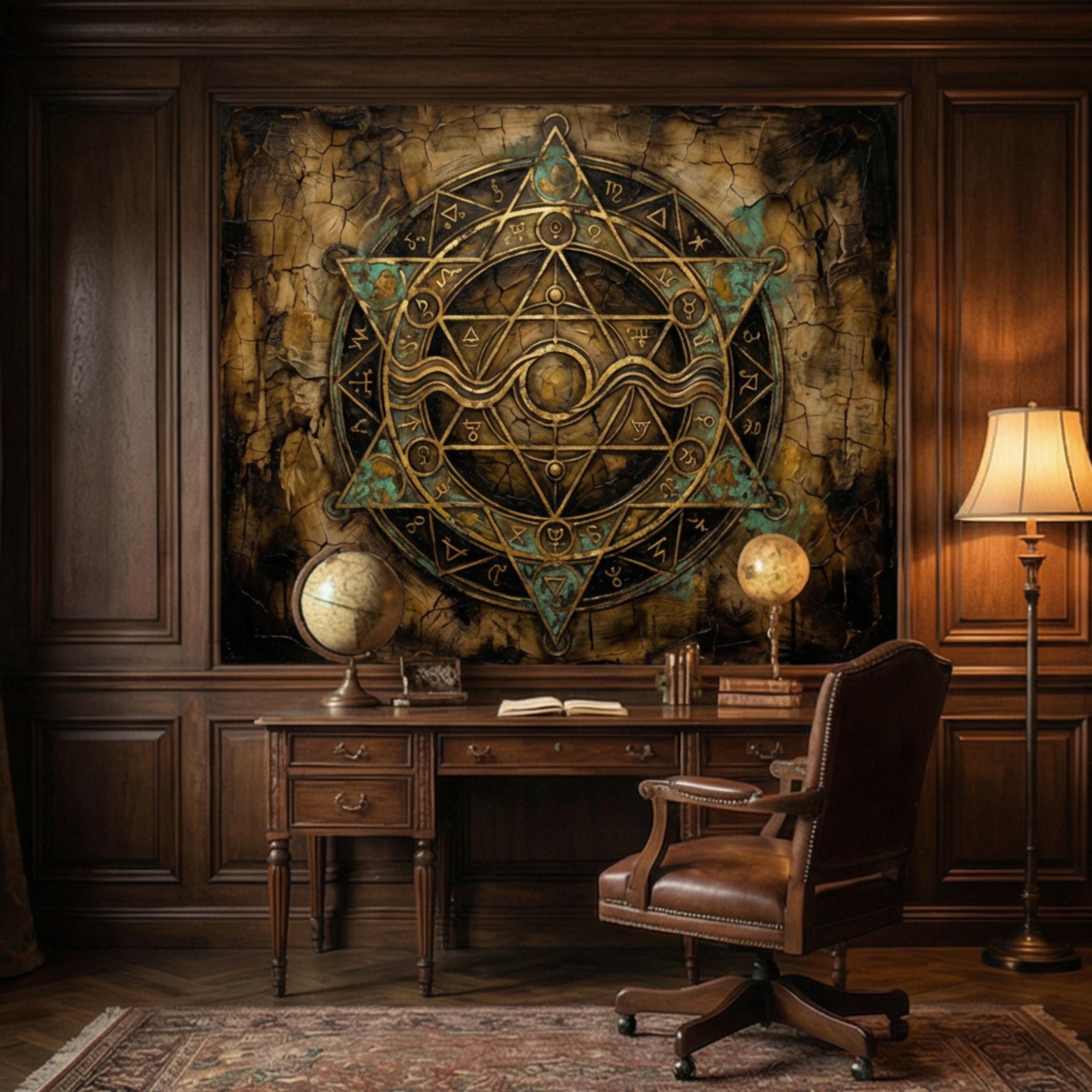 Alchemy Zodiac Sigil Peel and Stick Wall Mural, Vintage Occult Celestial Gold Teal Grunge, Gothic Witchy Wallpaper