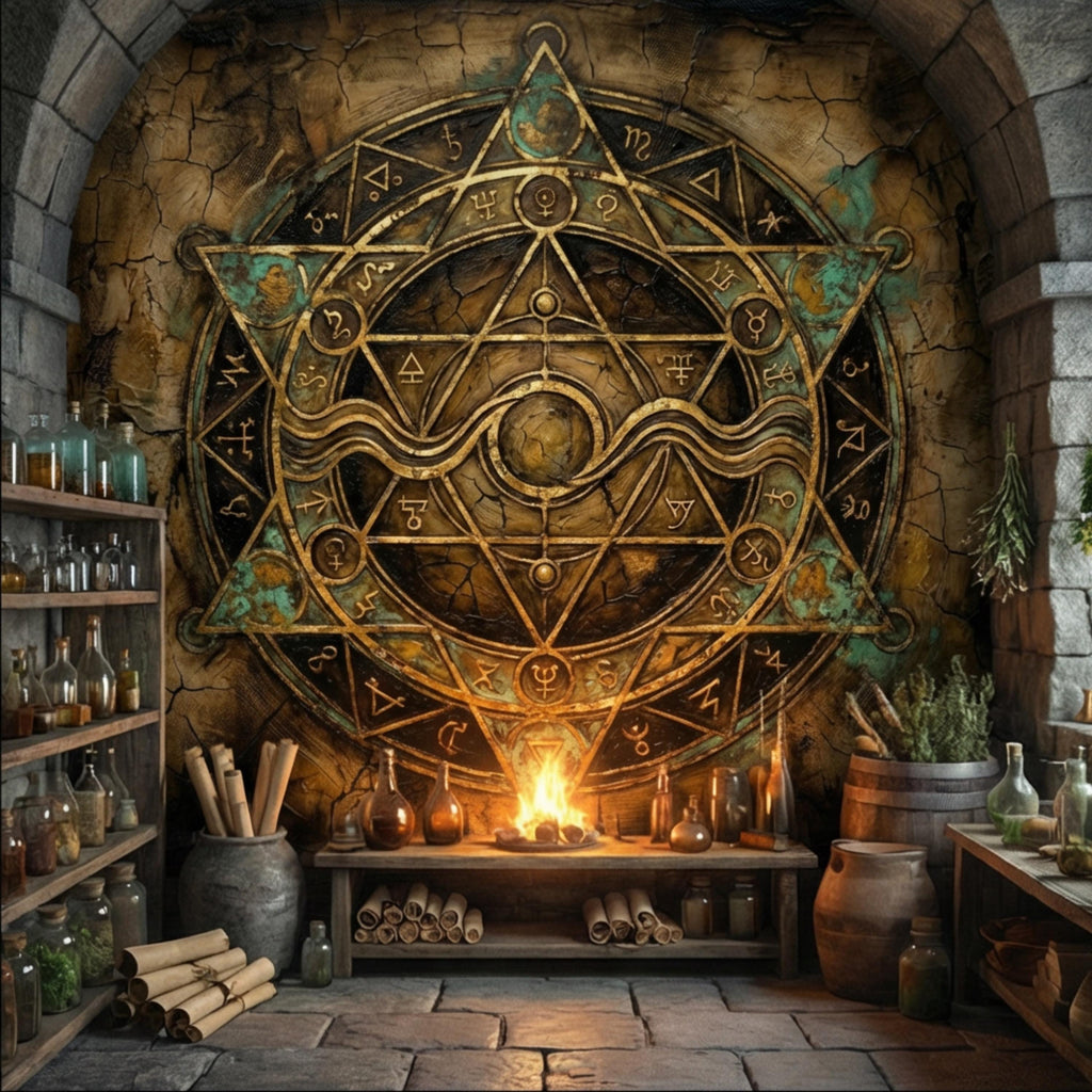 Alchemy Zodiac Sigil Peel and Stick Wall Mural, Vintage Occult Celestial Gold Teal Grunge, Gothic Witchy Wallpaper