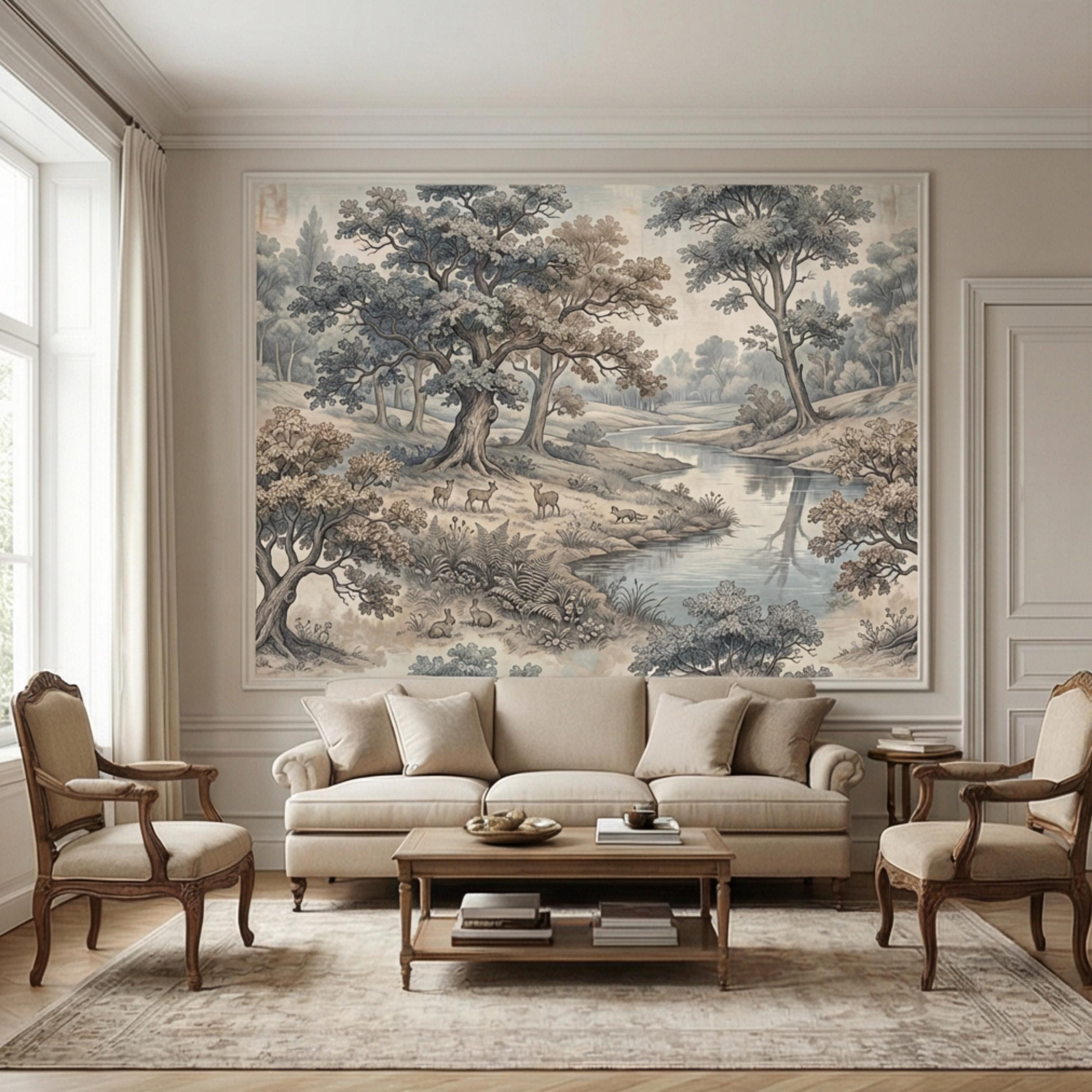 Toile de Jouy Vintage Woodland River Landscape Peel and Stick Wall Mural, French Country Pastoral Scenic Wallpaper