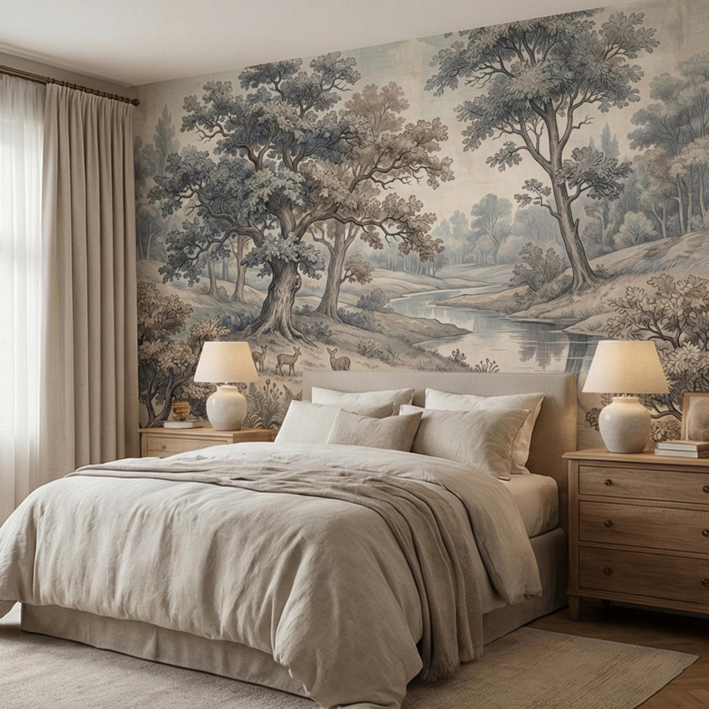 Toile de Jouy Vintage Woodland River Landscape Peel and Stick Wall Mural, French Country Pastoral Scenic Wallpaper