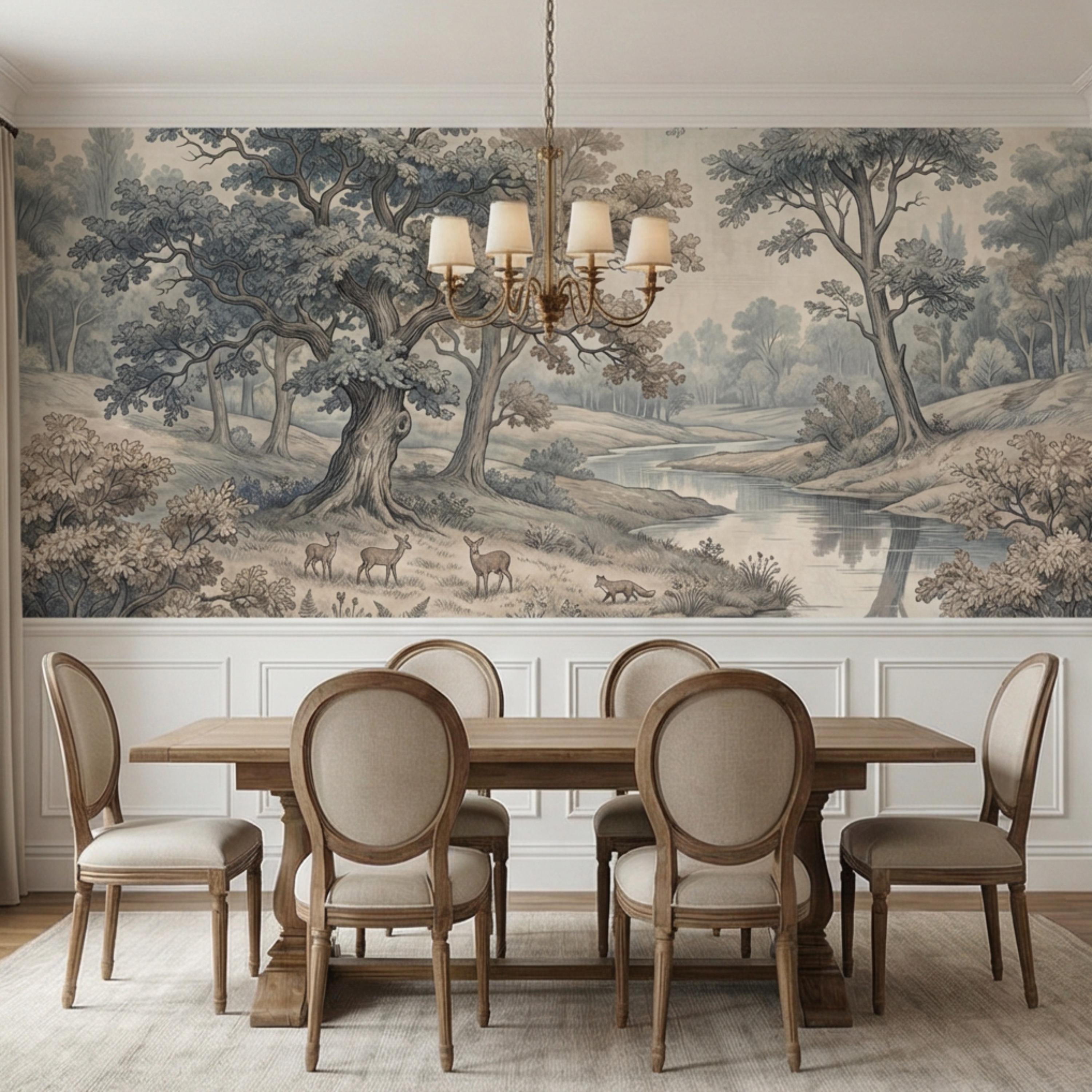 Toile de Jouy Vintage Woodland River Landscape Peel and Stick Wall Mural, French Country Pastoral Scenic Wallpaper