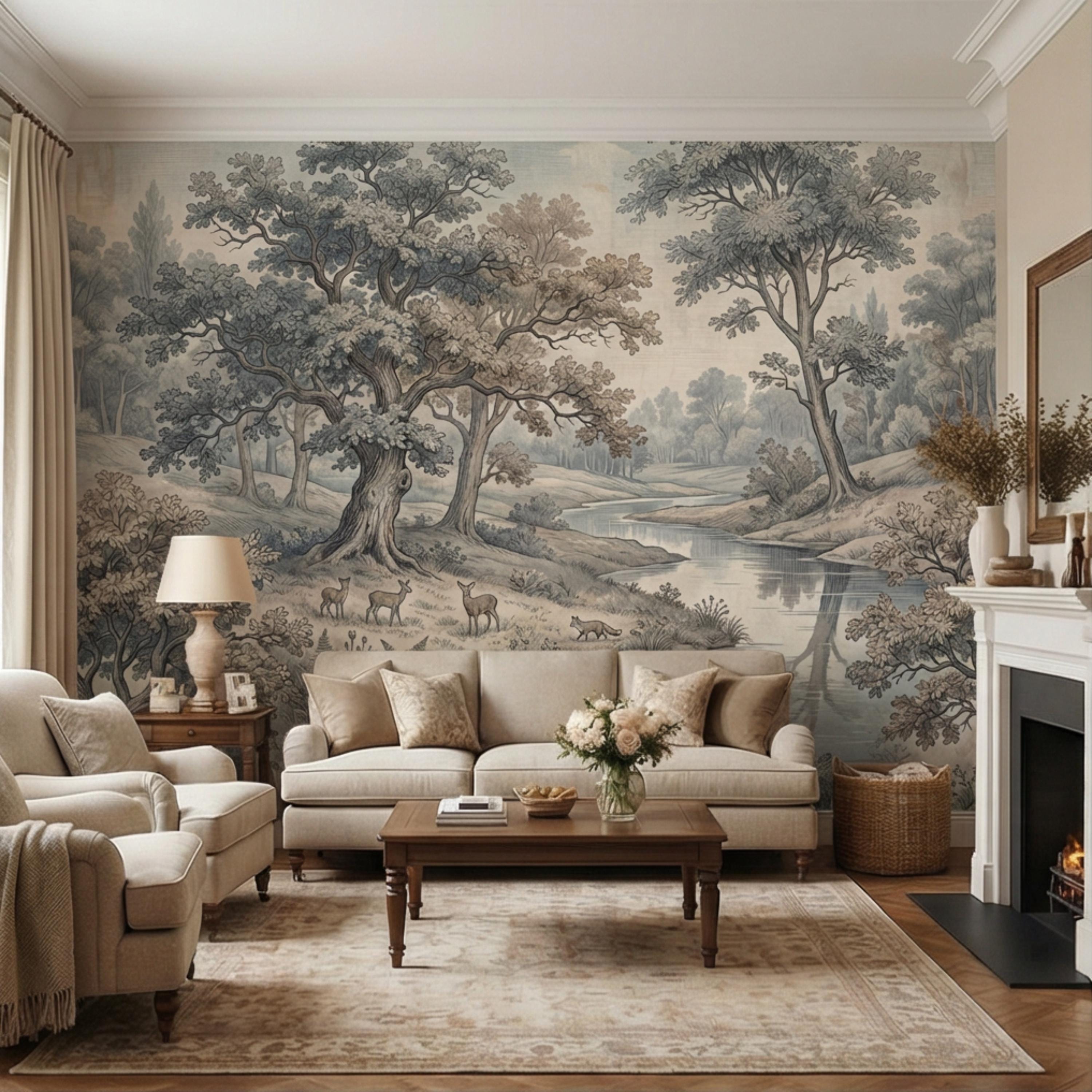 Toile de Jouy Vintage Woodland River Landscape Peel and Stick Wall Mural, French Country Pastoral Scenic Wallpaper