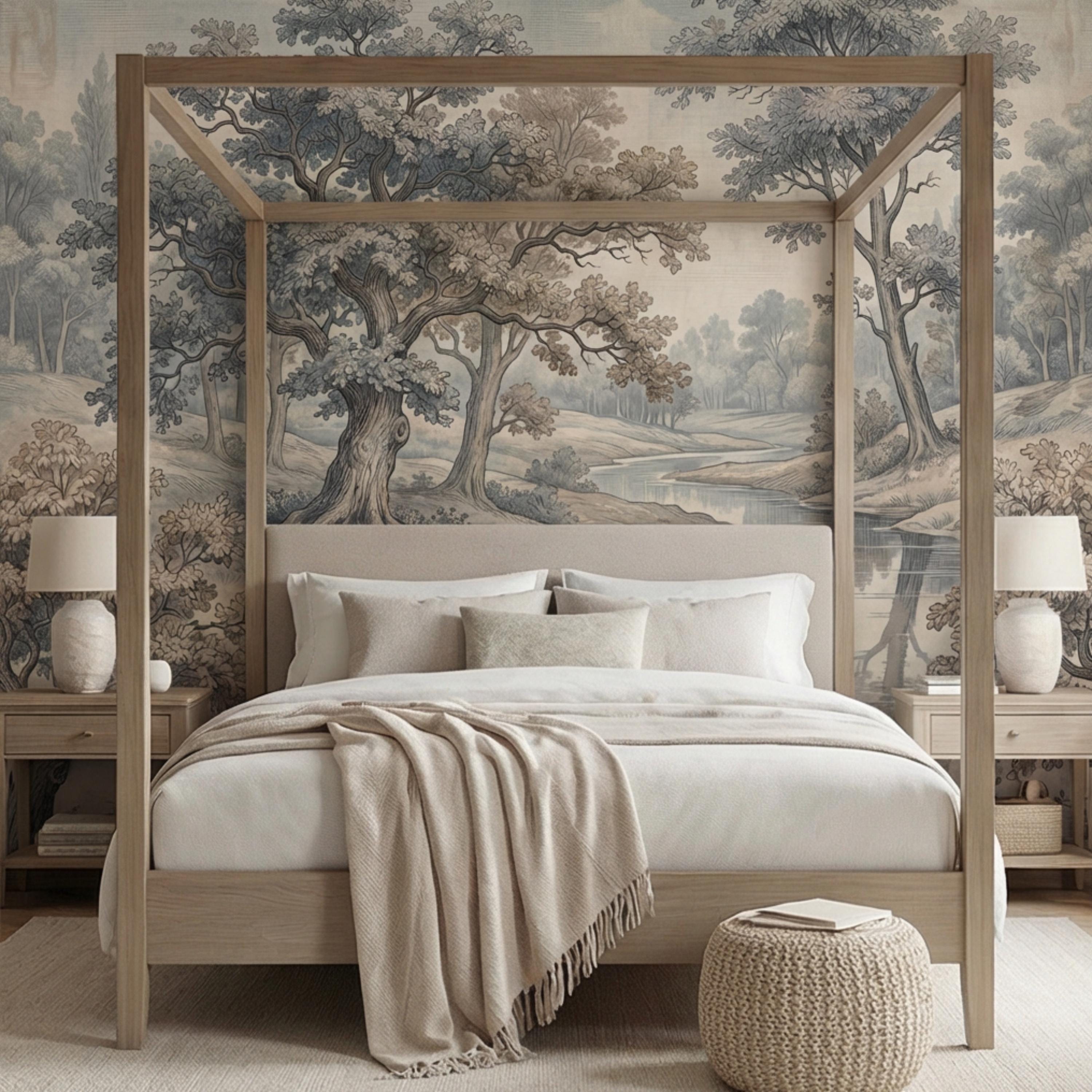 Toile de Jouy Vintage Woodland River Landscape Peel and Stick Wall Mural, French Country Pastoral Scenic Wallpaper