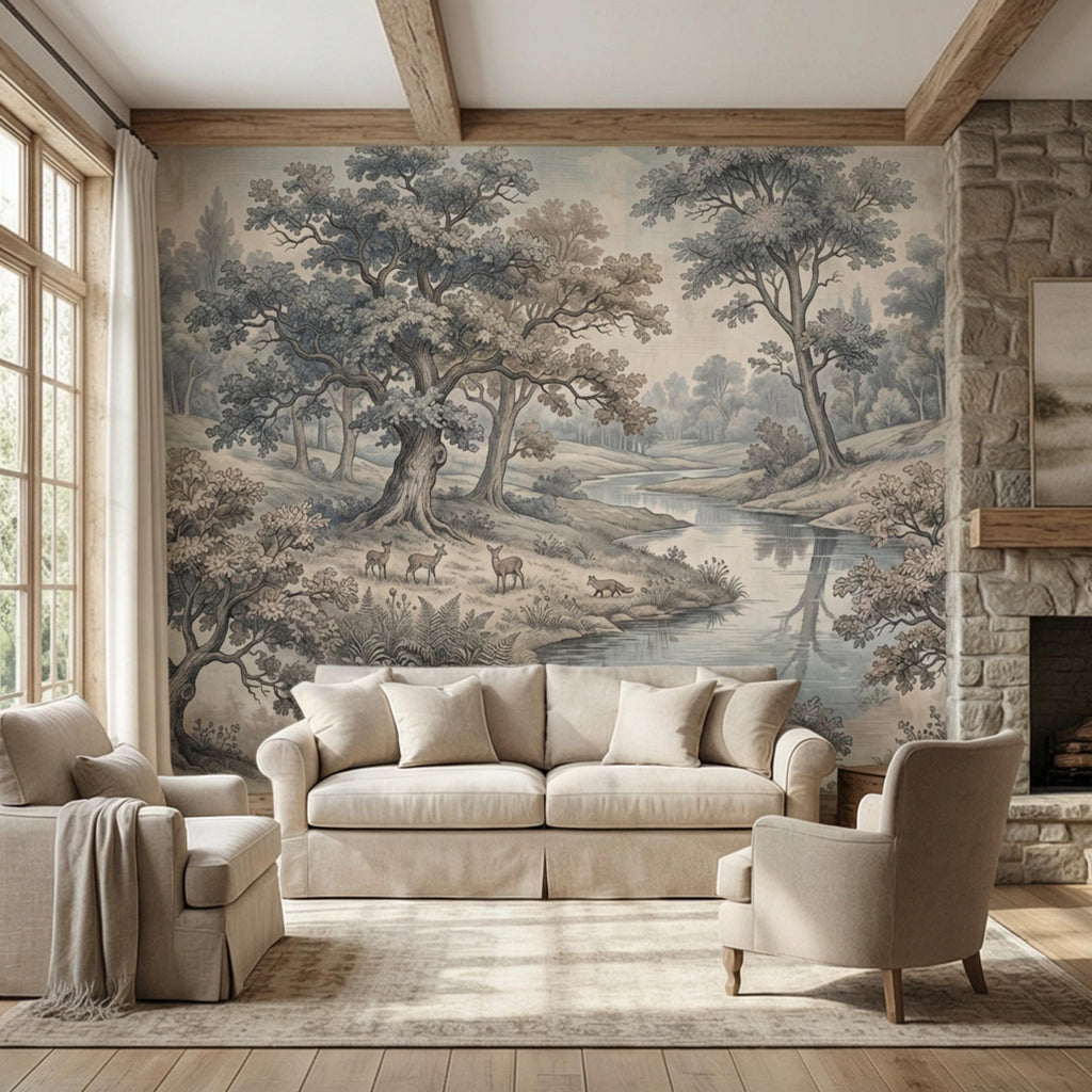 Toile de Jouy Vintage Woodland River Landscape Peel and Stick Wall Mural, French Country Pastoral Scenic Wallpaper