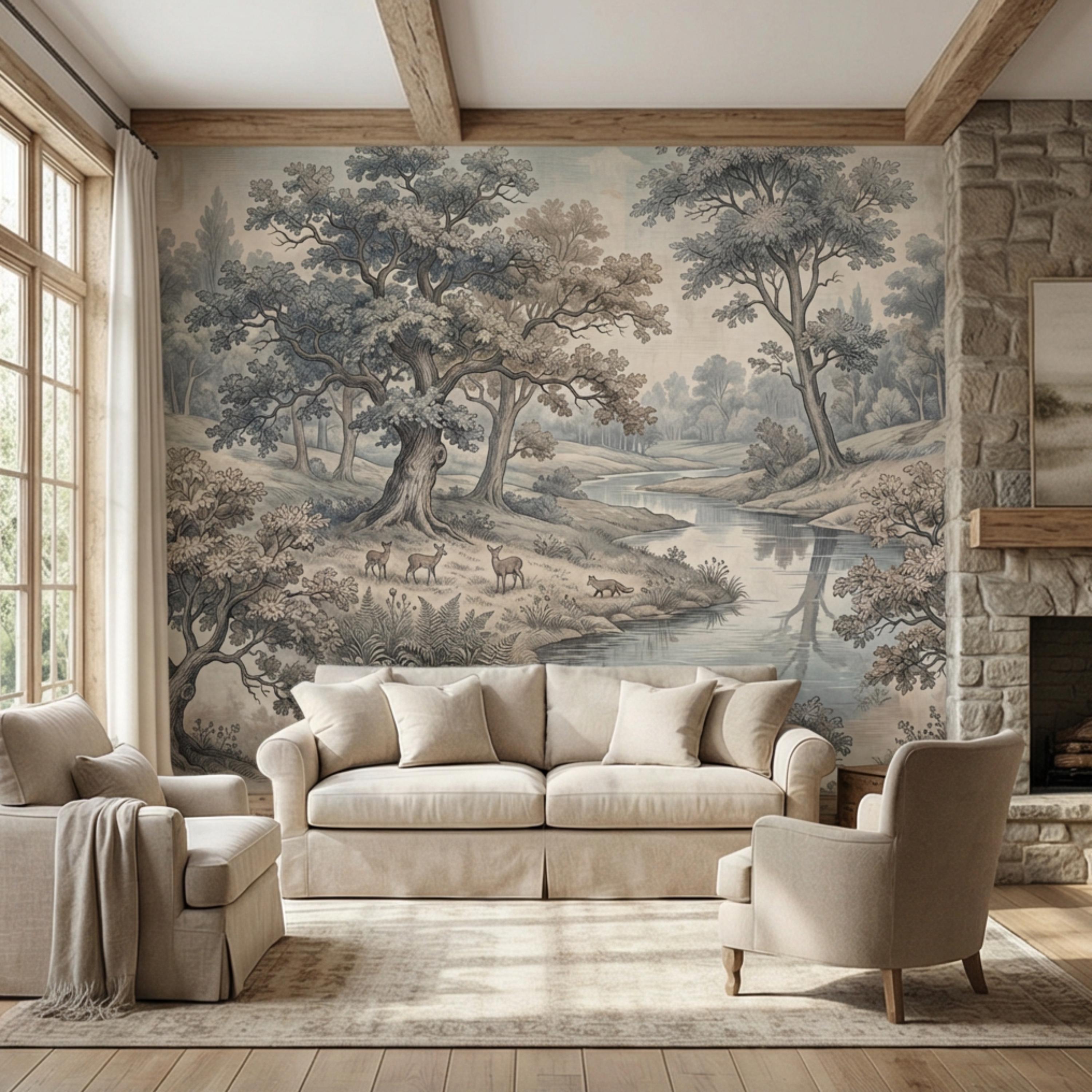 Toile de Jouy Vintage Woodland River Landscape Peel and Stick Wall Mural, French Country Pastoral Scenic Wallpaper