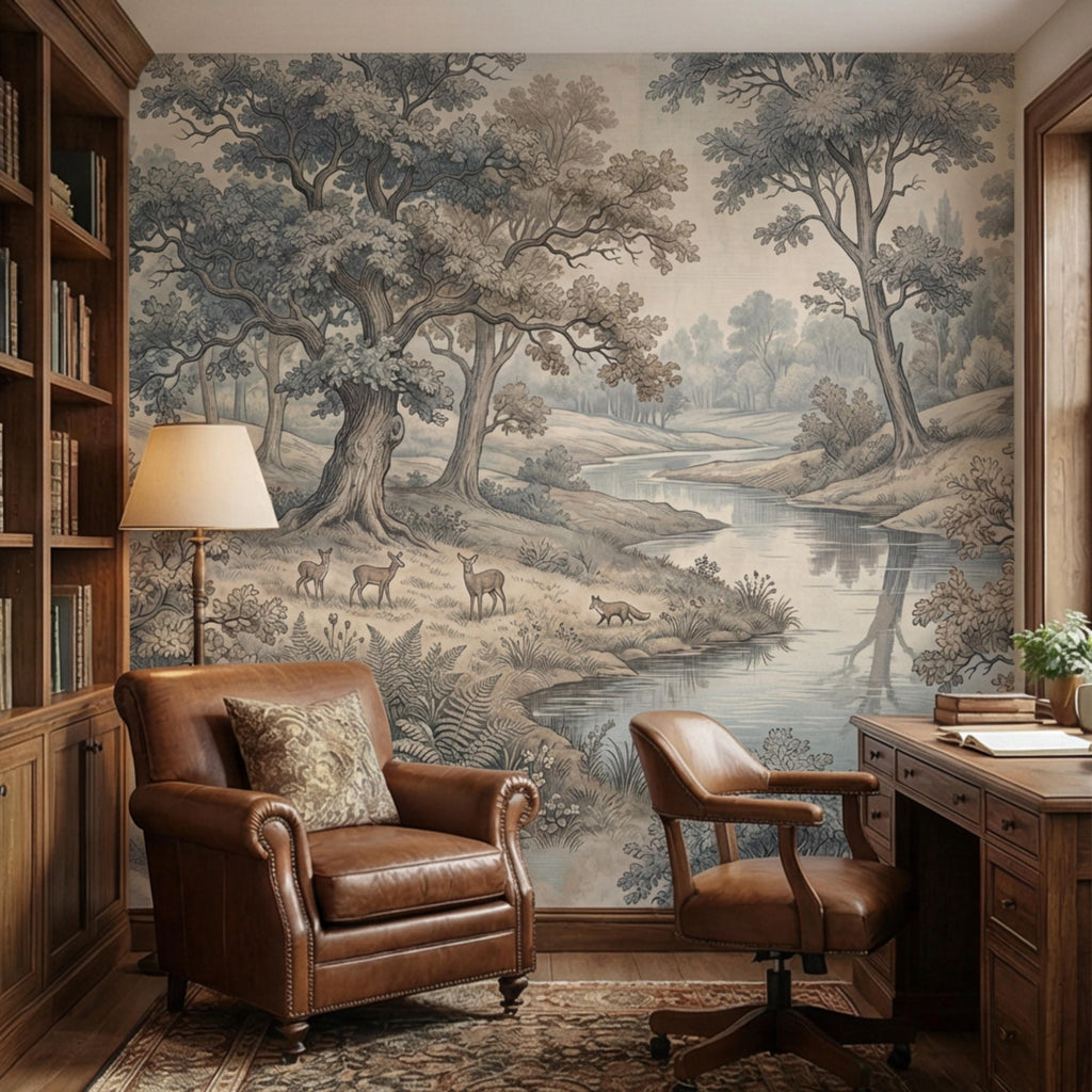 Toile de Jouy Vintage Woodland River Landscape Peel and Stick Wall Mural, French Country Pastoral Scenic Wallpaper