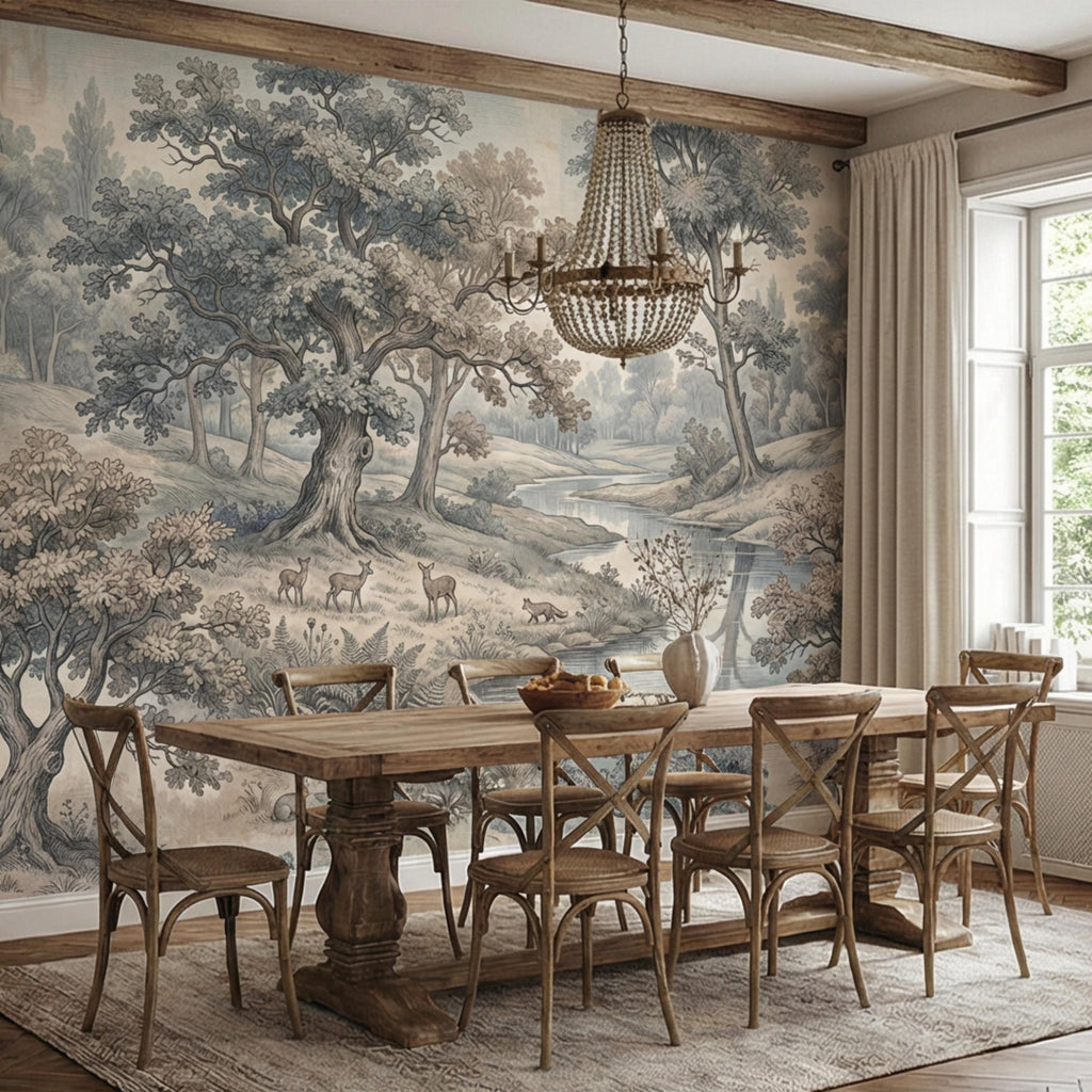 Toile de Jouy Vintage Woodland River Landscape Peel and Stick Wall Mural, French Country Pastoral Scenic Wallpaper