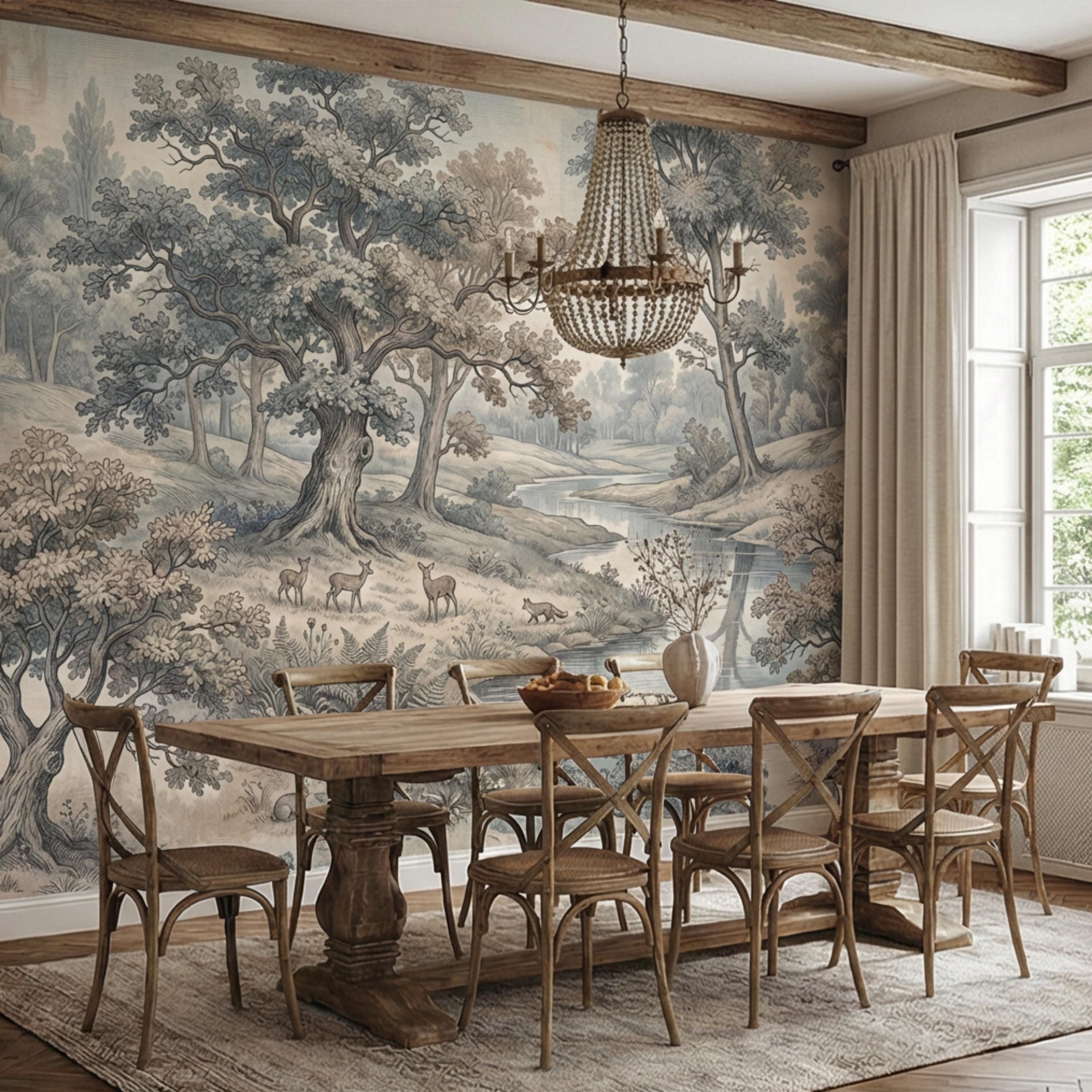 Toile de Jouy Vintage Woodland River Landscape Peel and Stick Wall Mural, French Country Pastoral Scenic Wallpaper