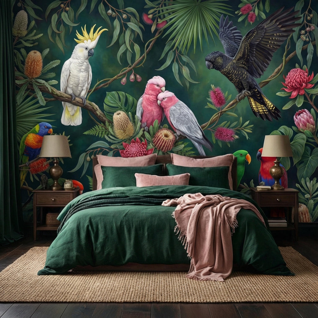 Dark Green Jungle Tropical Parrots & Cockatoos Peel and Stick Wall Mural, Botanical Flowers Monstera Leaves Exotic Bird Wallpaper
