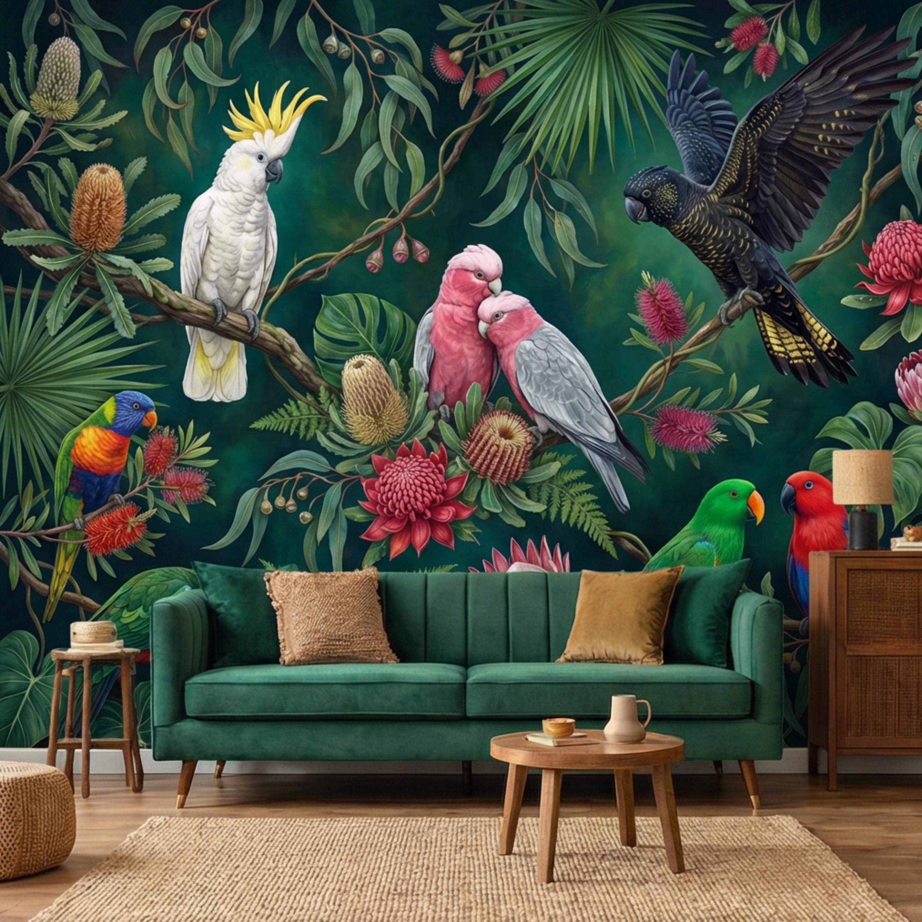 Dark Green Jungle Tropical Parrots & Cockatoos Peel and Stick Wall Mural, Botanical Flowers Monstera Leaves Exotic Bird Wallpaper