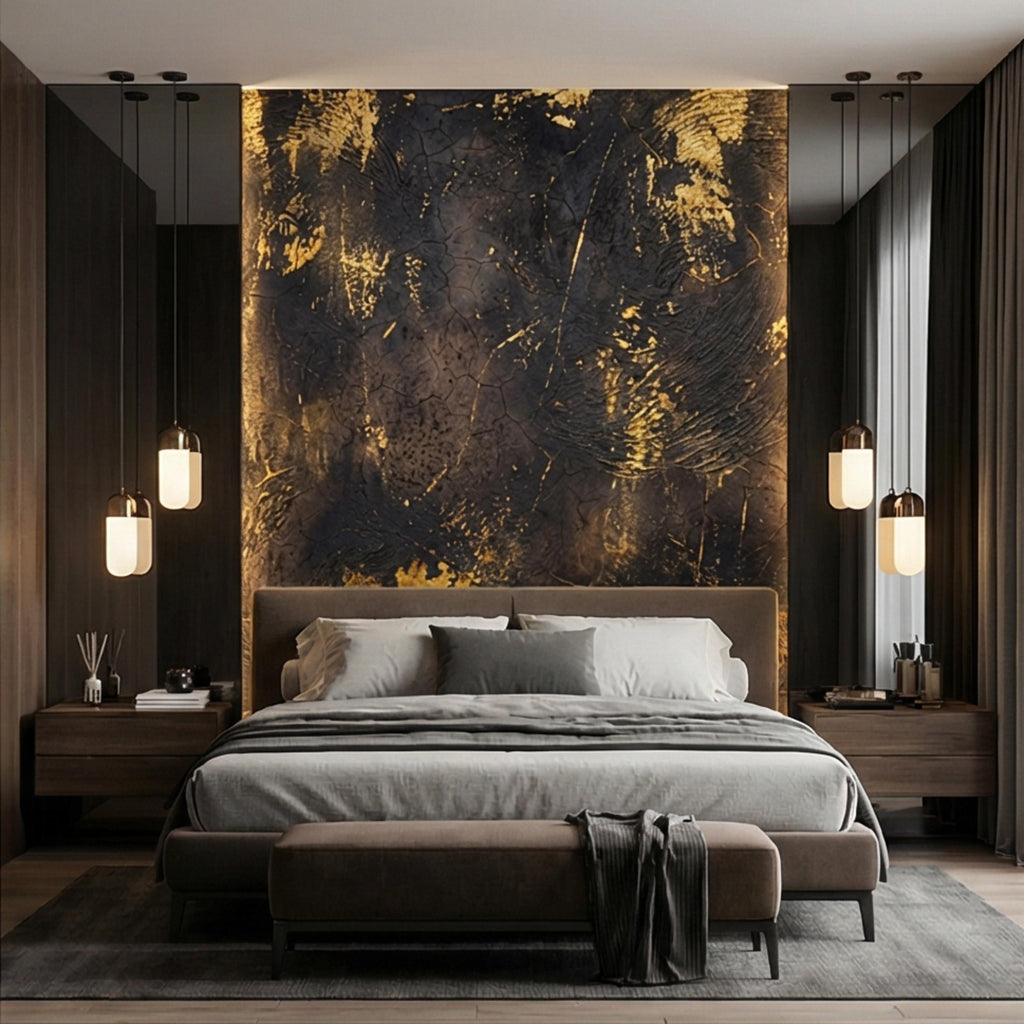 Modern Glam Textured Plaster Black and Gold Effect Peel and Stick Wall Mural, Luxury Abstract Accent Wallallpaper
