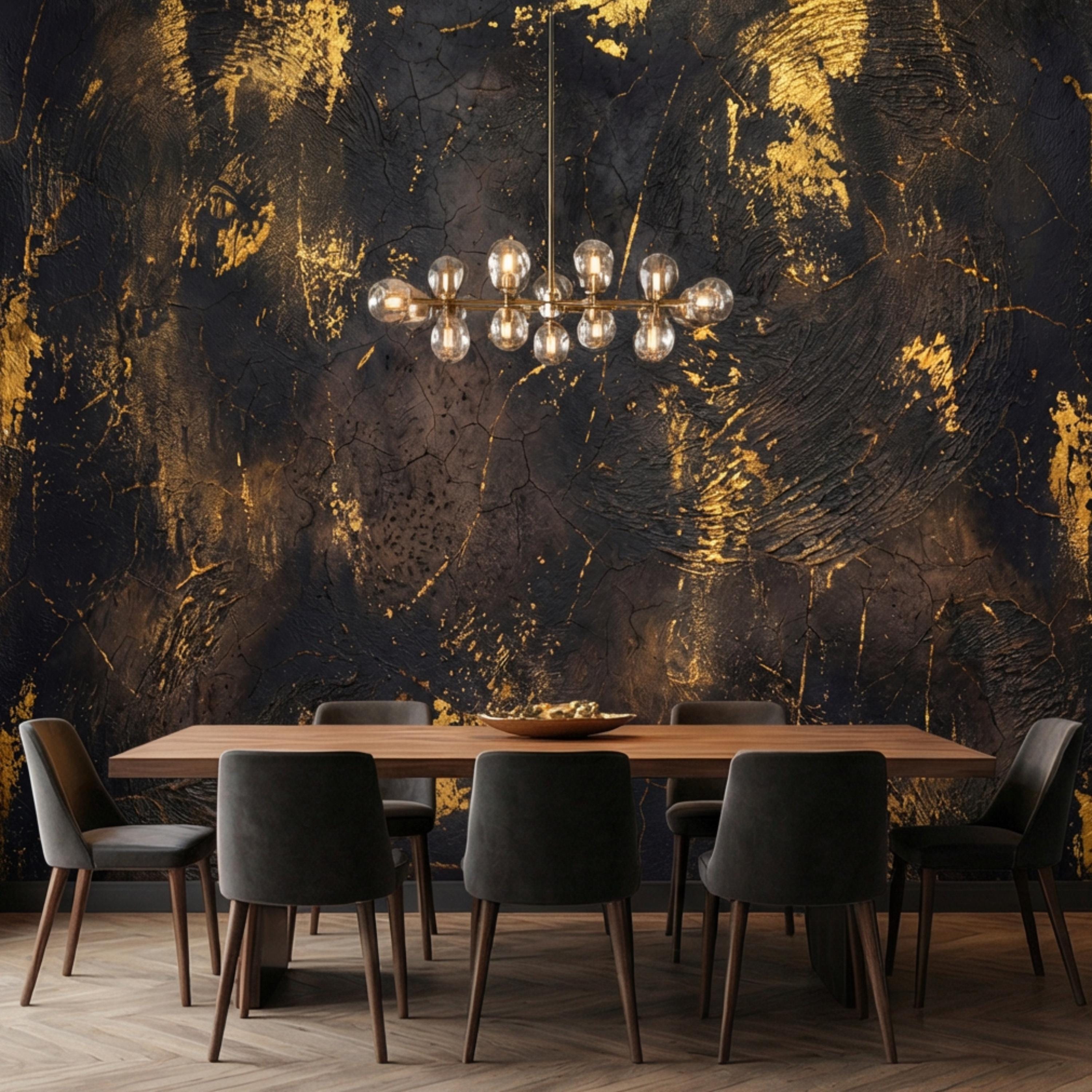 Modern Glam Textured Plaster Black and Gold Effect Peel and Stick Wall Mural, Luxury Abstract Accent Wallallpaper