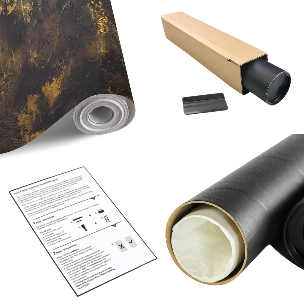 Modern Glam Textured Plaster Black and Gold Effect Peel and Stick Wall Mural, Luxury Abstract Accent Wallallpaper