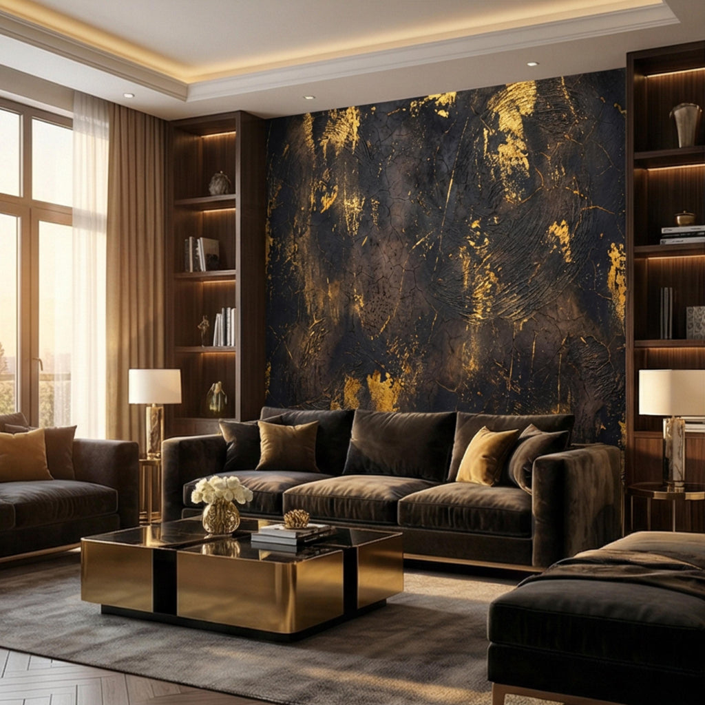 Modern Glam Textured Plaster Black and Gold Effect Peel and Stick Wall Mural, Luxury Abstract Accent Wallallpaper