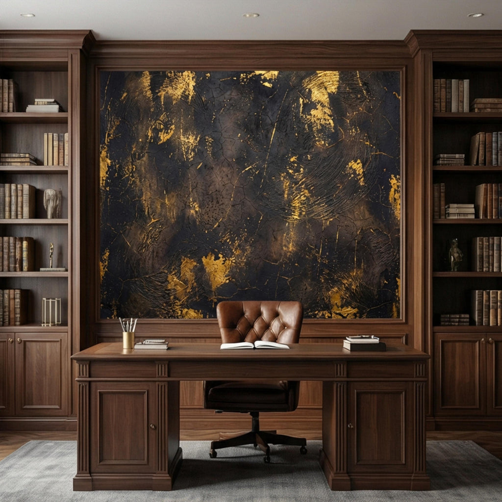 Modern Glam Textured Plaster Black and Gold Effect Peel and Stick Wall Mural, Luxury Abstract Accent Wallallpaper