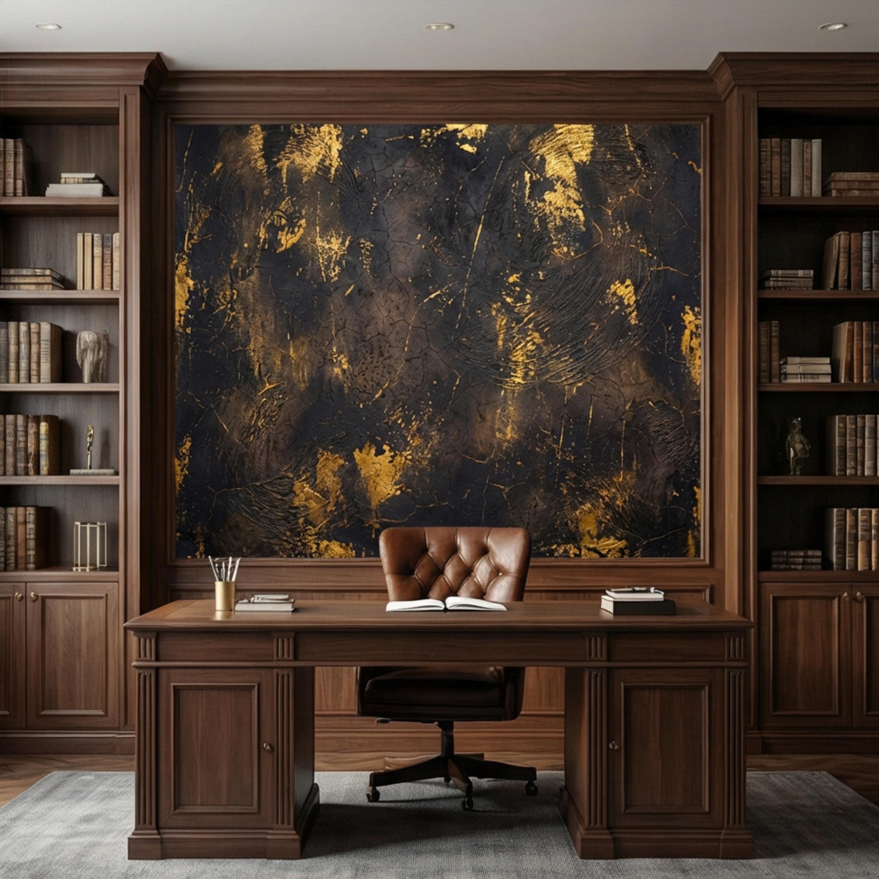 Modern Glam Textured Plaster Black and Gold Effect Peel and Stick Wall Mural, Luxury Abstract Accent Wallallpaper