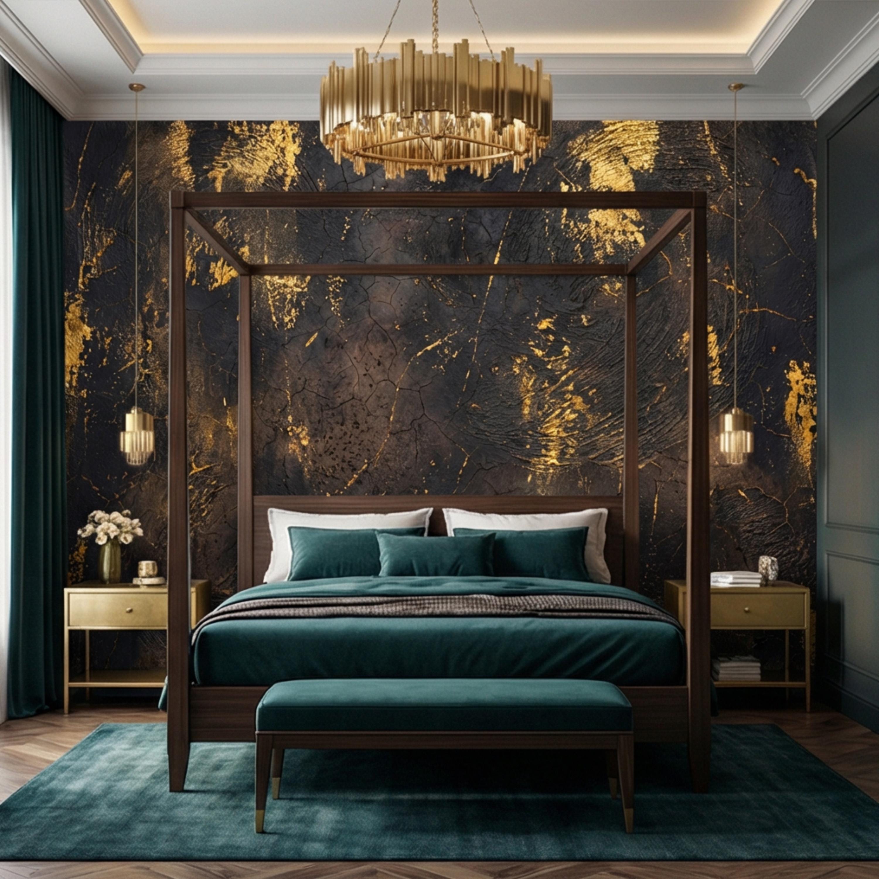 Modern Glam Textured Plaster Black and Gold Effect Peel and Stick Wall Mural, Luxury Abstract Accent Wallallpaper