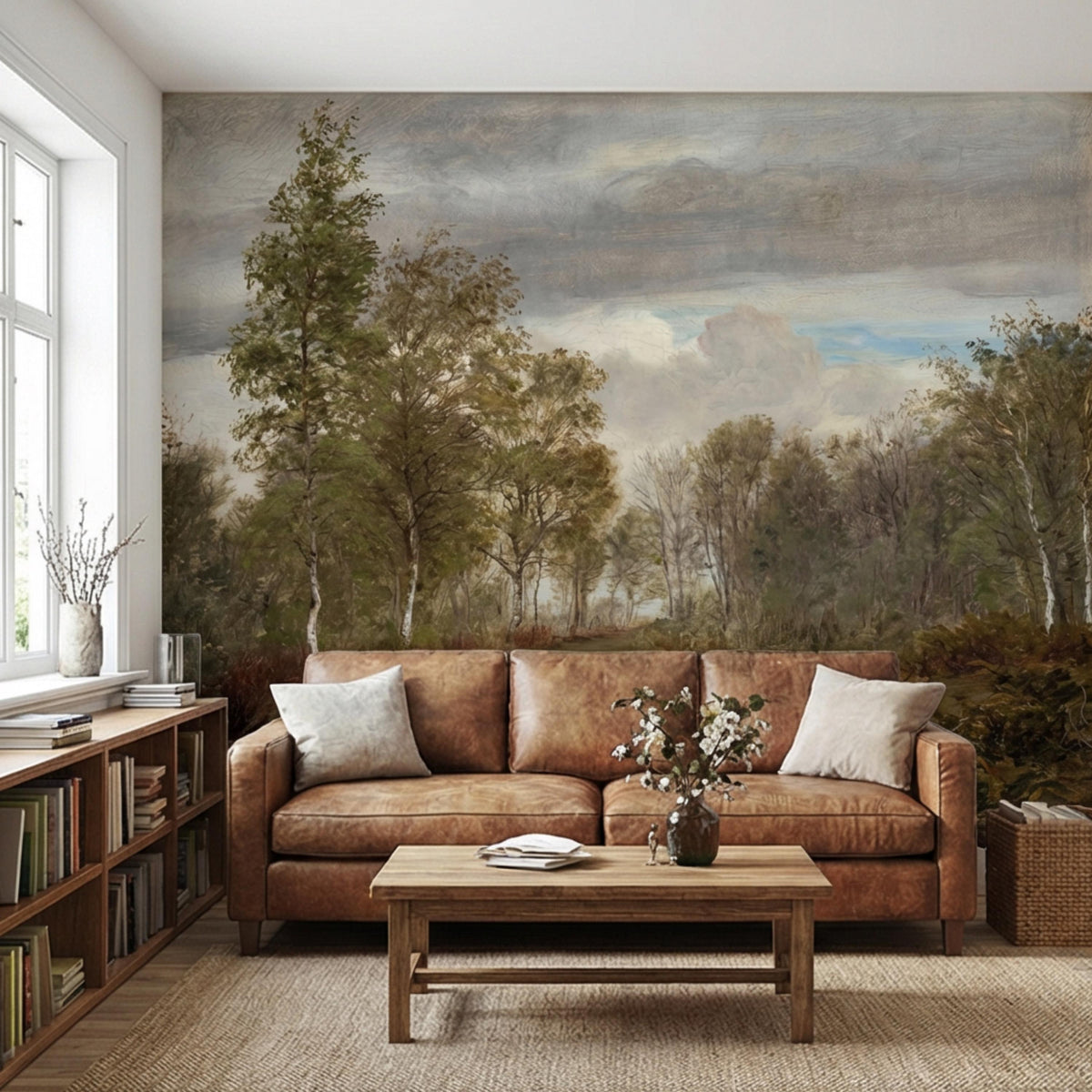 Forest landscape wall mural with tall trees and winding path above a living room sofa.