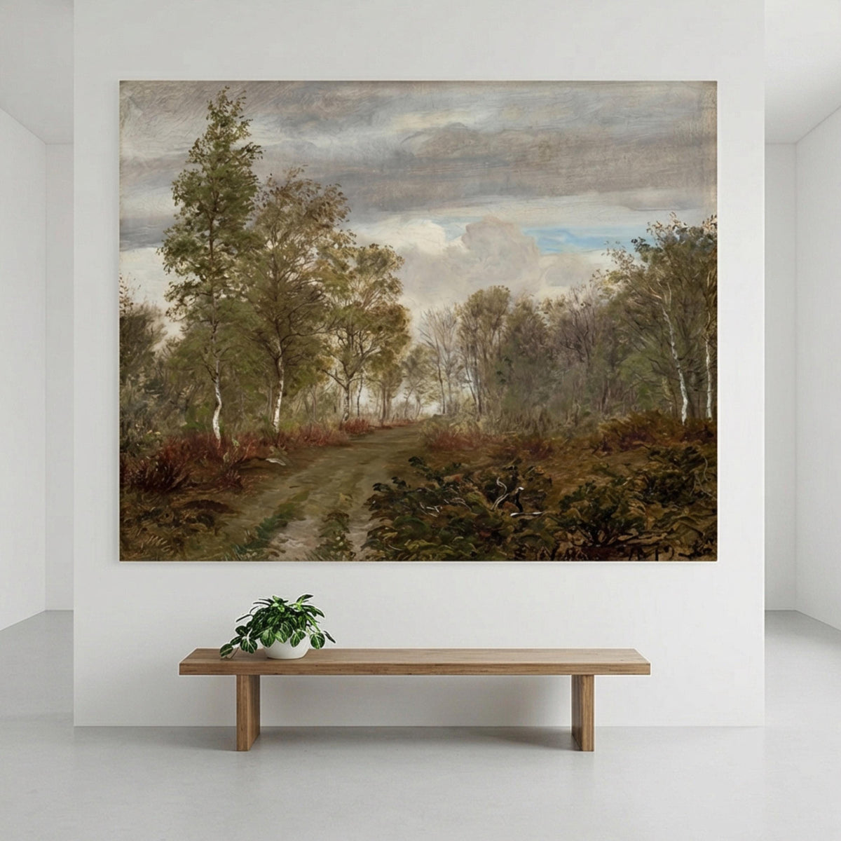 Framed forest landscape wall mural with winding path and trees above a wooden bench.