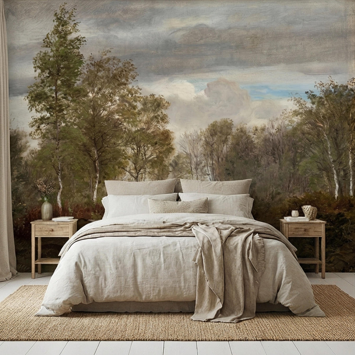 Forest landscape wall mural with trees above a neatly made bed with neutral bedding.