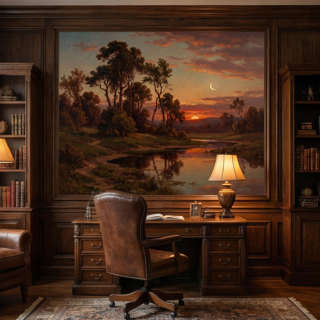 Vintage Oil Painting Sunset River Landscape Peel and Stick Wall Mural, Crescent Moon Forest Trees & River Reflection Nature Wallpaper