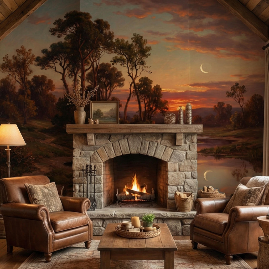 Vintage Oil Painting Sunset River Landscape Peel and Stick Wall Mural, Crescent Moon Forest Trees & River Reflection Nature Wallpaper