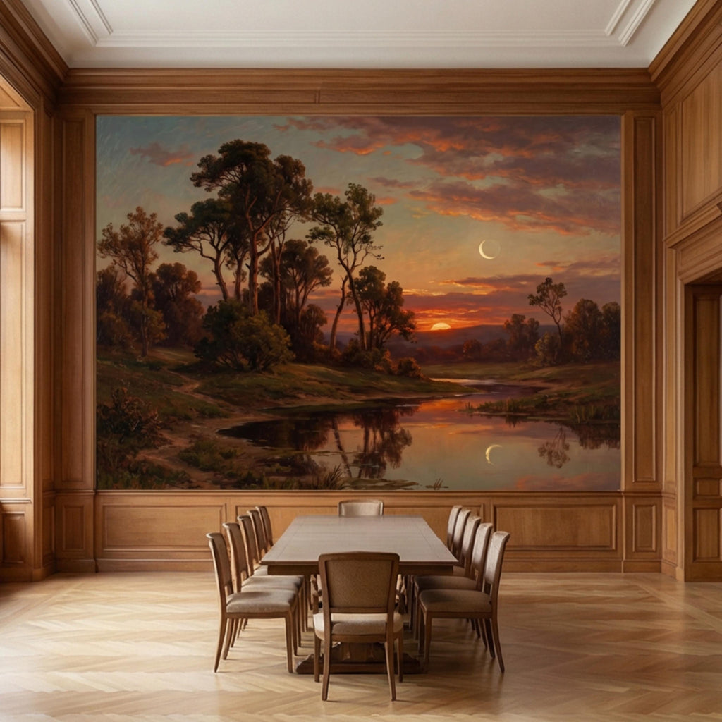 Vintage Oil Painting Sunset River Landscape Peel and Stick Wall Mural, Crescent Moon Forest Trees & River Reflection Nature Wallpaper