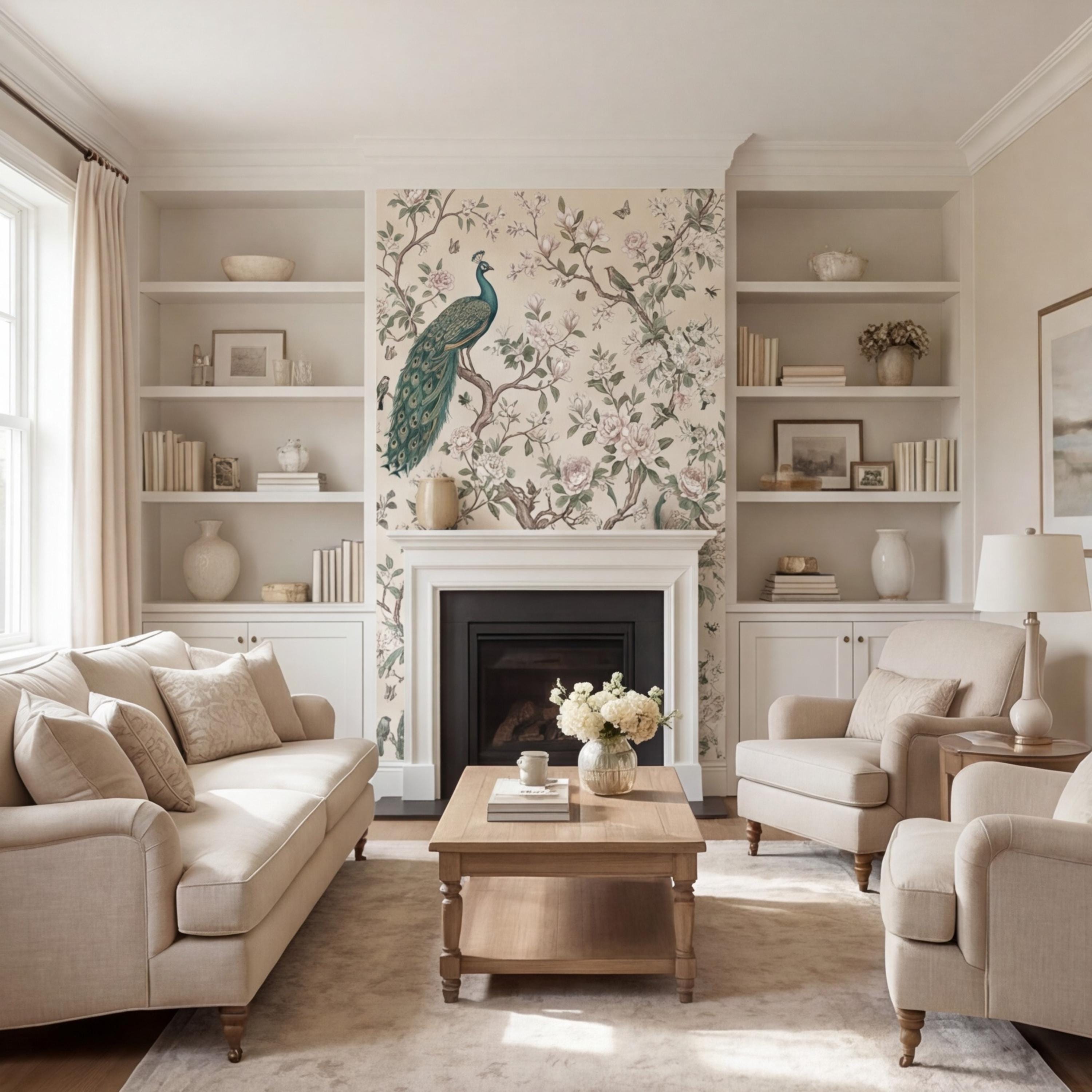 Chinoiserie Peacock & Cream Peony Magnolia Branches Peel and Stick Wall Mural, Vintage Botanical Birds Neutral Beige Wallpaper