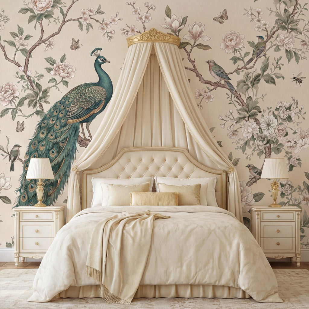 Chinoiserie Peacock & Cream Peony Magnolia Branches Peel and Stick Wall Mural, Vintage Botanical Birds Neutral Beige Wallpaper
