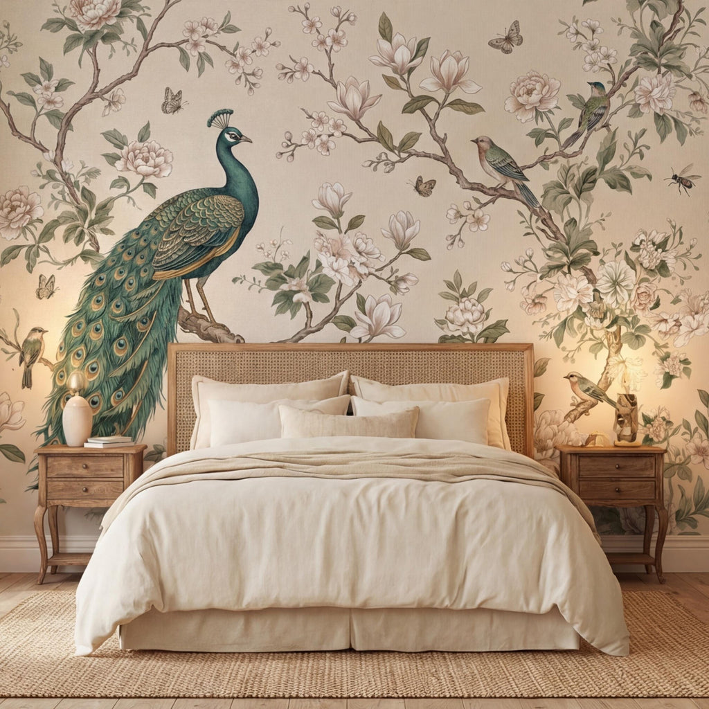 Chinoiserie Peacock & Cream Peony Magnolia Branches Peel and Stick Wall Mural, Vintage Botanical Birds Neutral Beige Wallpaper