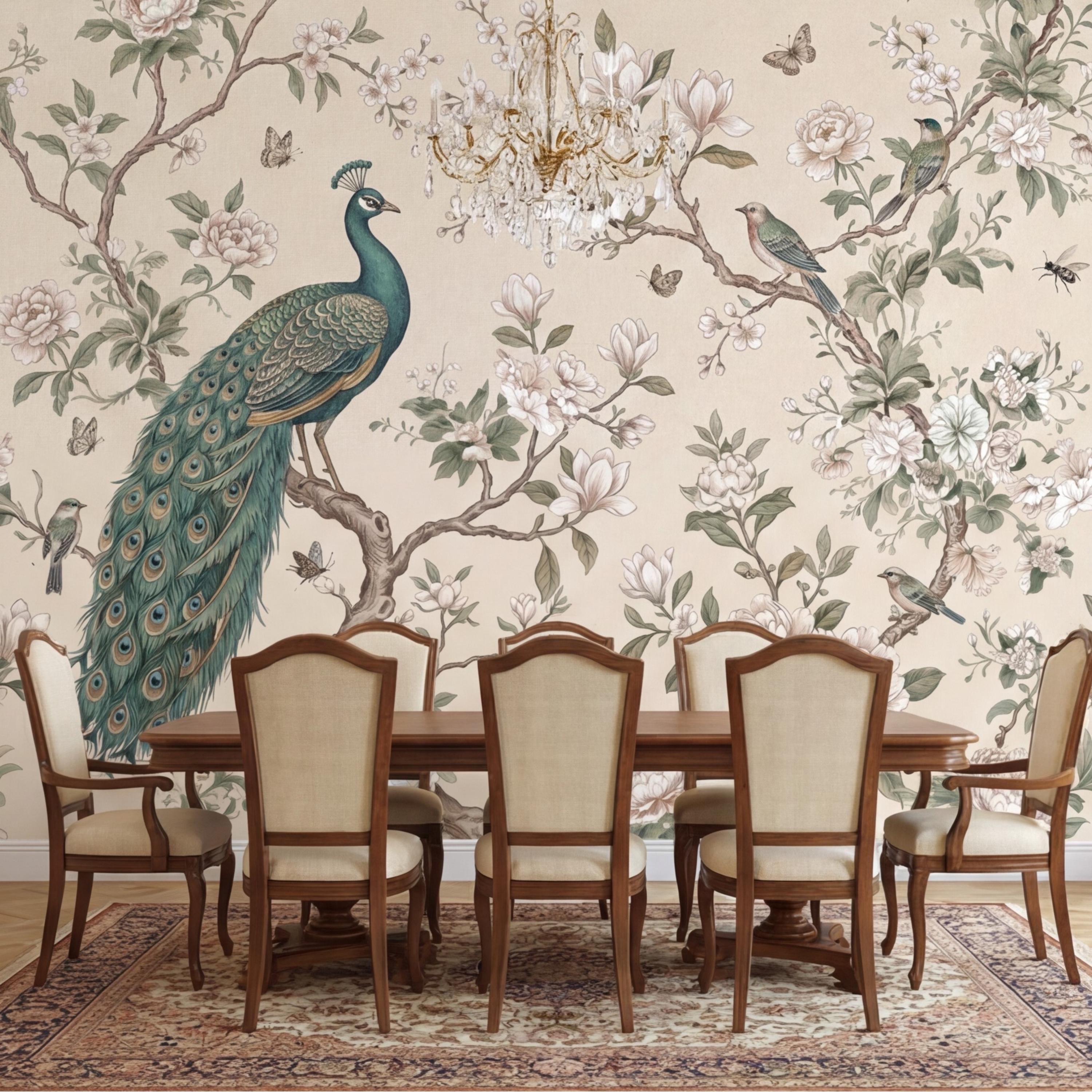Chinoiserie Peacock & Cream Peony Magnolia Branches Peel and Stick Wall Mural, Vintage Botanical Birds Neutral Beige Wallpaper