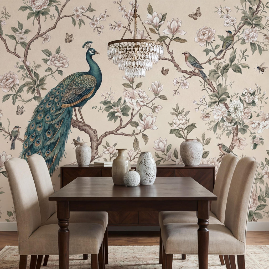 Chinoiserie Peacock & Cream Peony Magnolia Branches Peel and Stick Wall Mural, Vintage Botanical Birds Neutral Beige Wallpaper