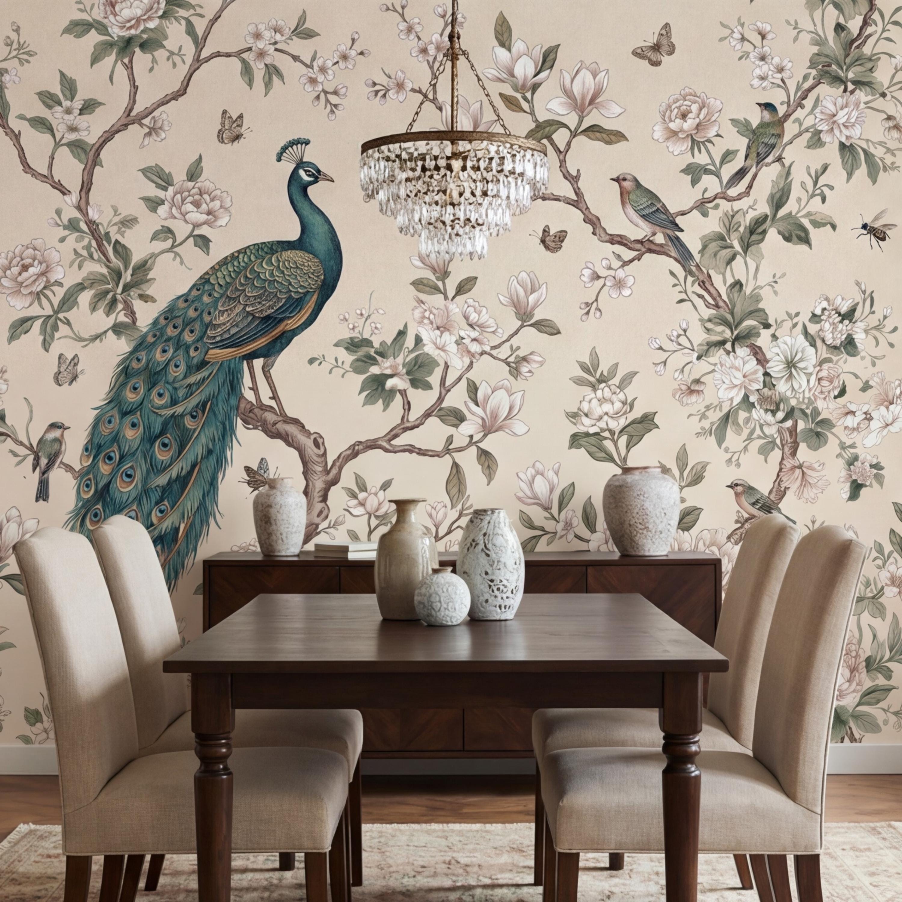 Chinoiserie Peacock & Cream Peony Magnolia Branches Peel and Stick Wall Mural, Vintage Botanical Birds Neutral Beige Wallpaper