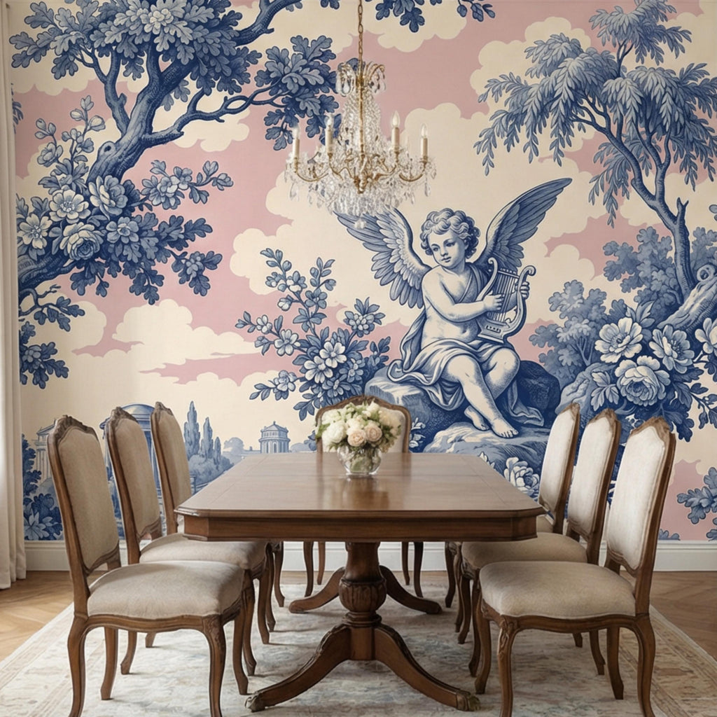 Blue Toile de Jouy Cherub Angel Lyre Peel and Stick Wall Mural, Pink Sky French Country Floral Classical Landscape Wallpaper